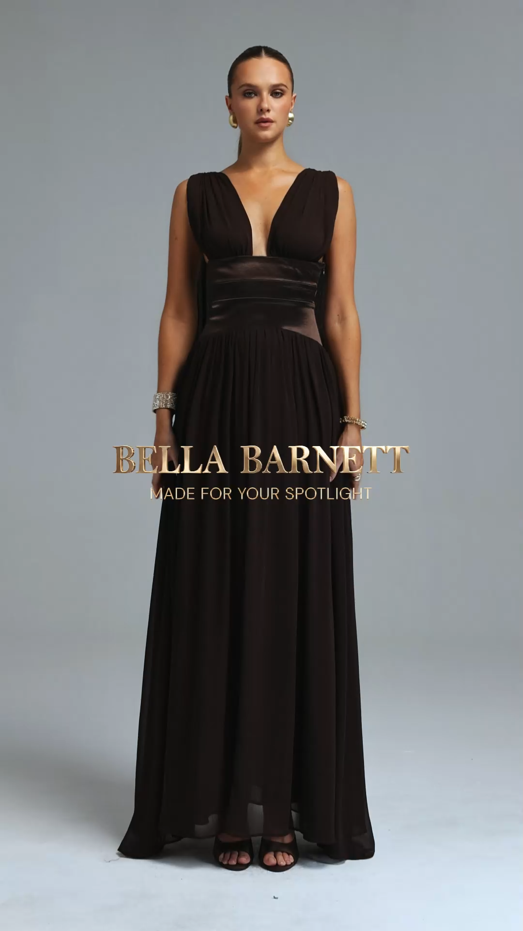Liama Elegant Cinched Waist V Neck Sash Ruched Chiffon Satin Maxi Dress