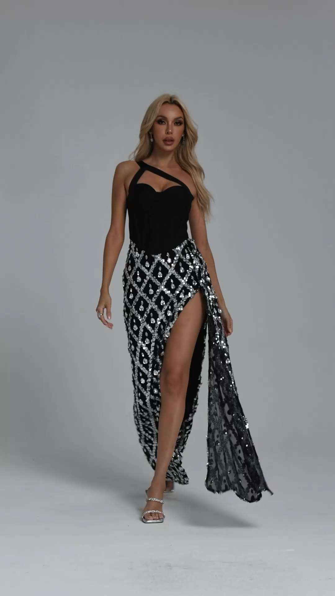 Naima Glamorous Contour One Shoulder Rhinestone Sequin Bandage Maxi Dress
