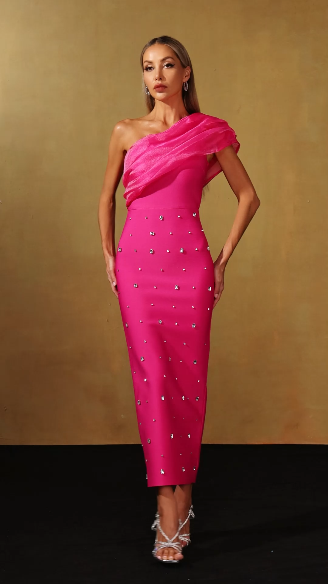 Pana One Shoulder Diamond Slim Bandage Rose Pink Maxi Dress