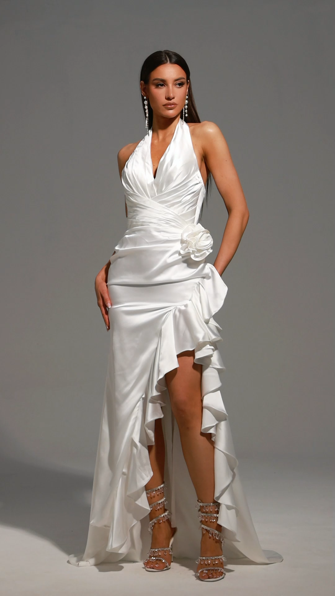 Haka Halter V-Neck Flowers Flounce Maxi Dress