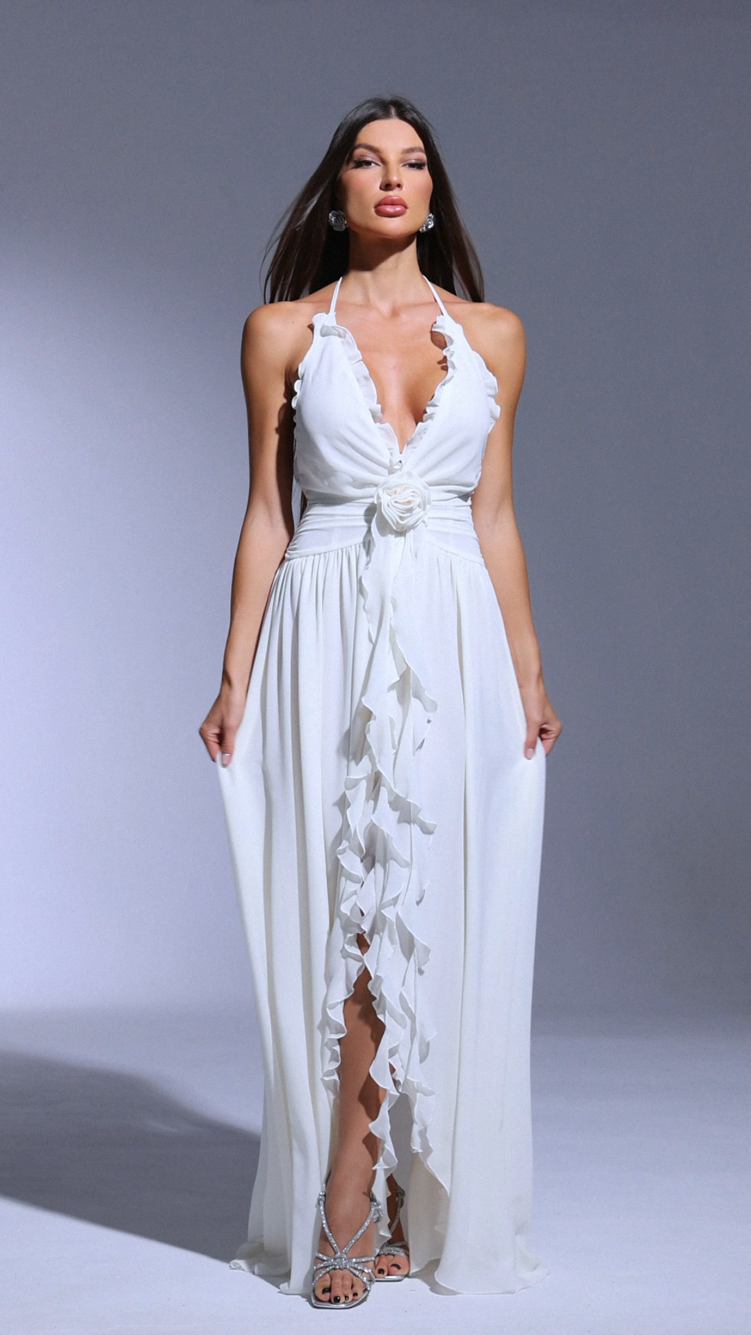 Ivy High Slit Deep-V Halter Flowers Maxi Dress