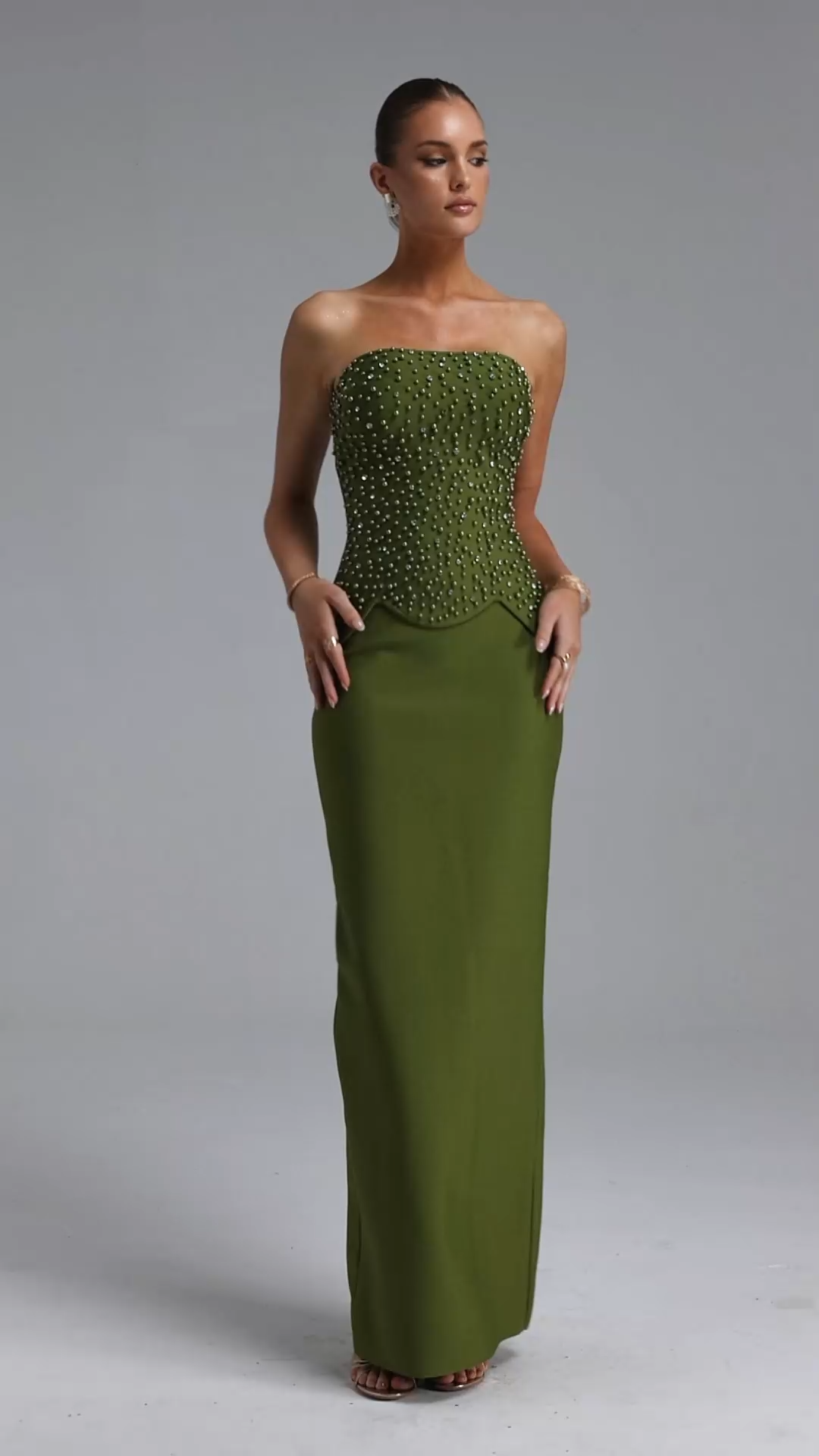 Yette Chic Contour Strapless Beaded Bandage Maxi Top and Skirt Set