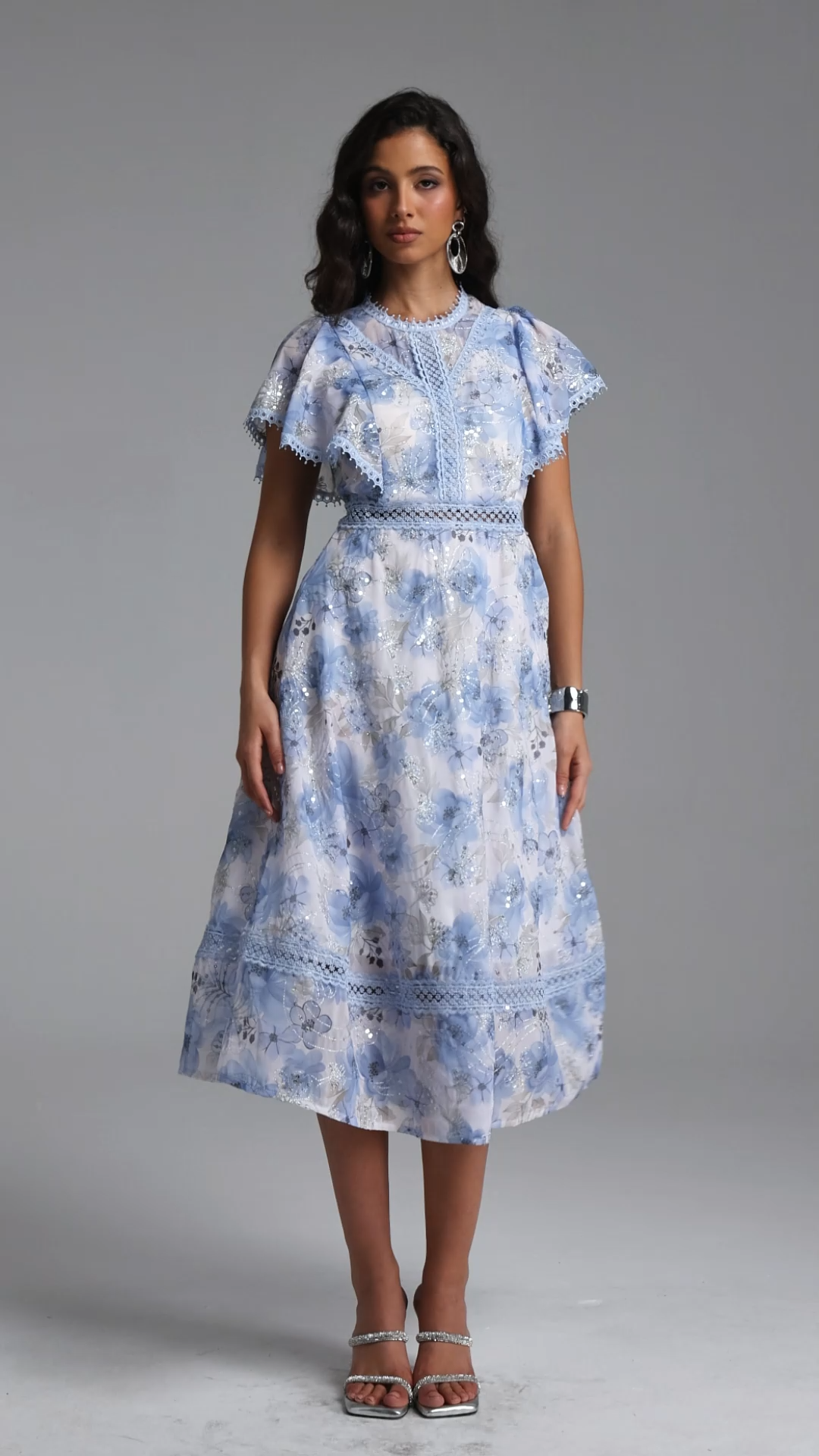 Machi Resort Flowy Short Sleeve Sequin Embroidered Ruffle Floral Print Woven Midi Dress