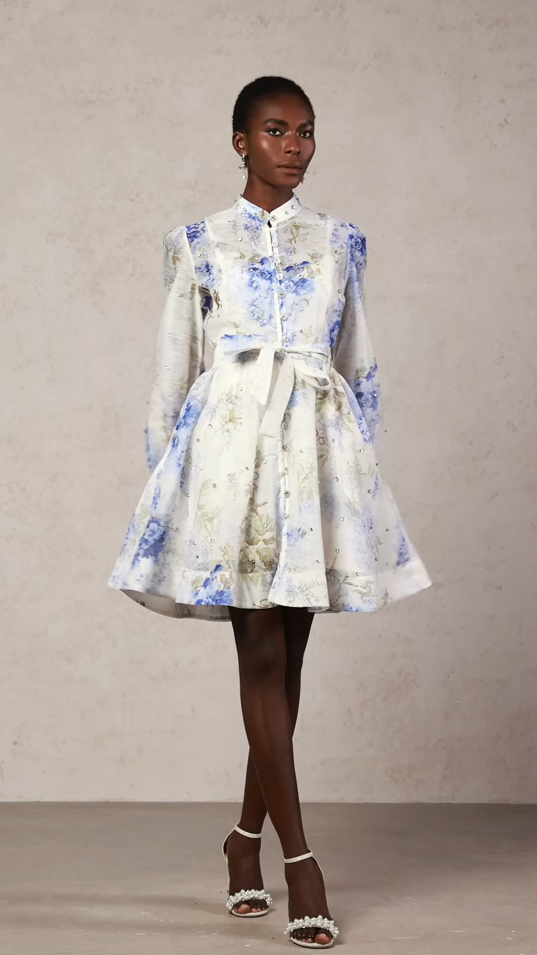 Demily Long Sleeve Floral Printed Diamond Mini Dress