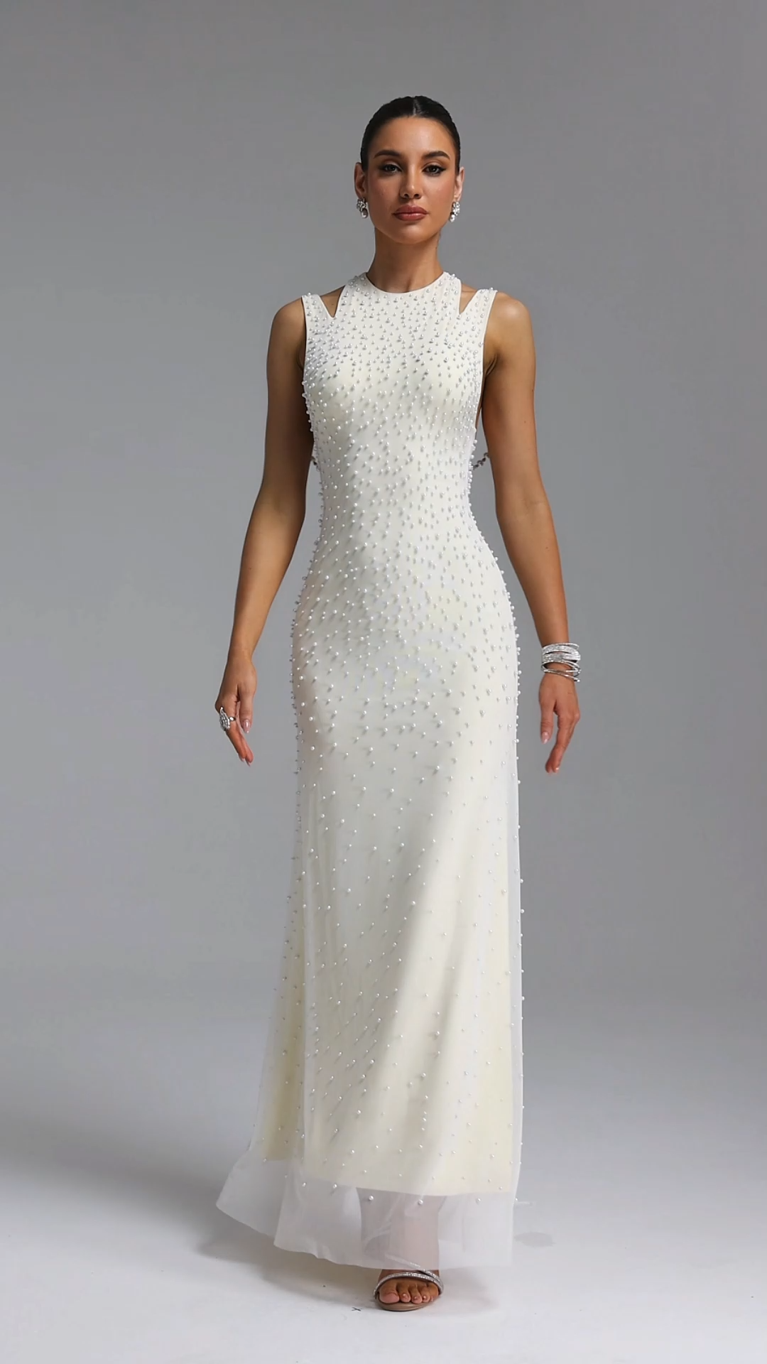 Dilara Elegant Slim Sleeveless Cutout Shoulder All Over Pearl Mesh Mermaid Maxi Evening Dress