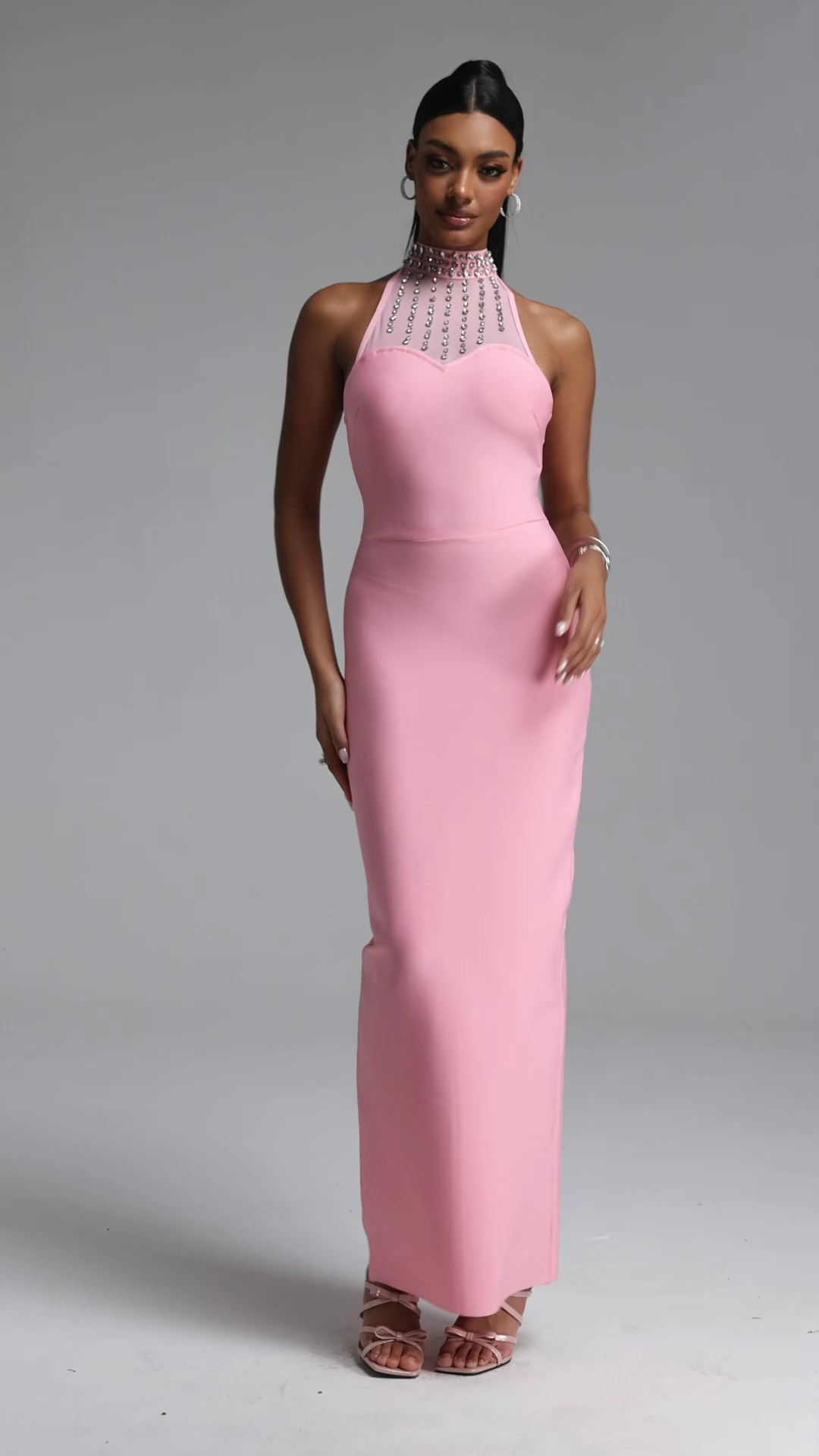 Maggie Elegant Fitted Halter Neck Rhinestone Trim Bandage Maxi Dress