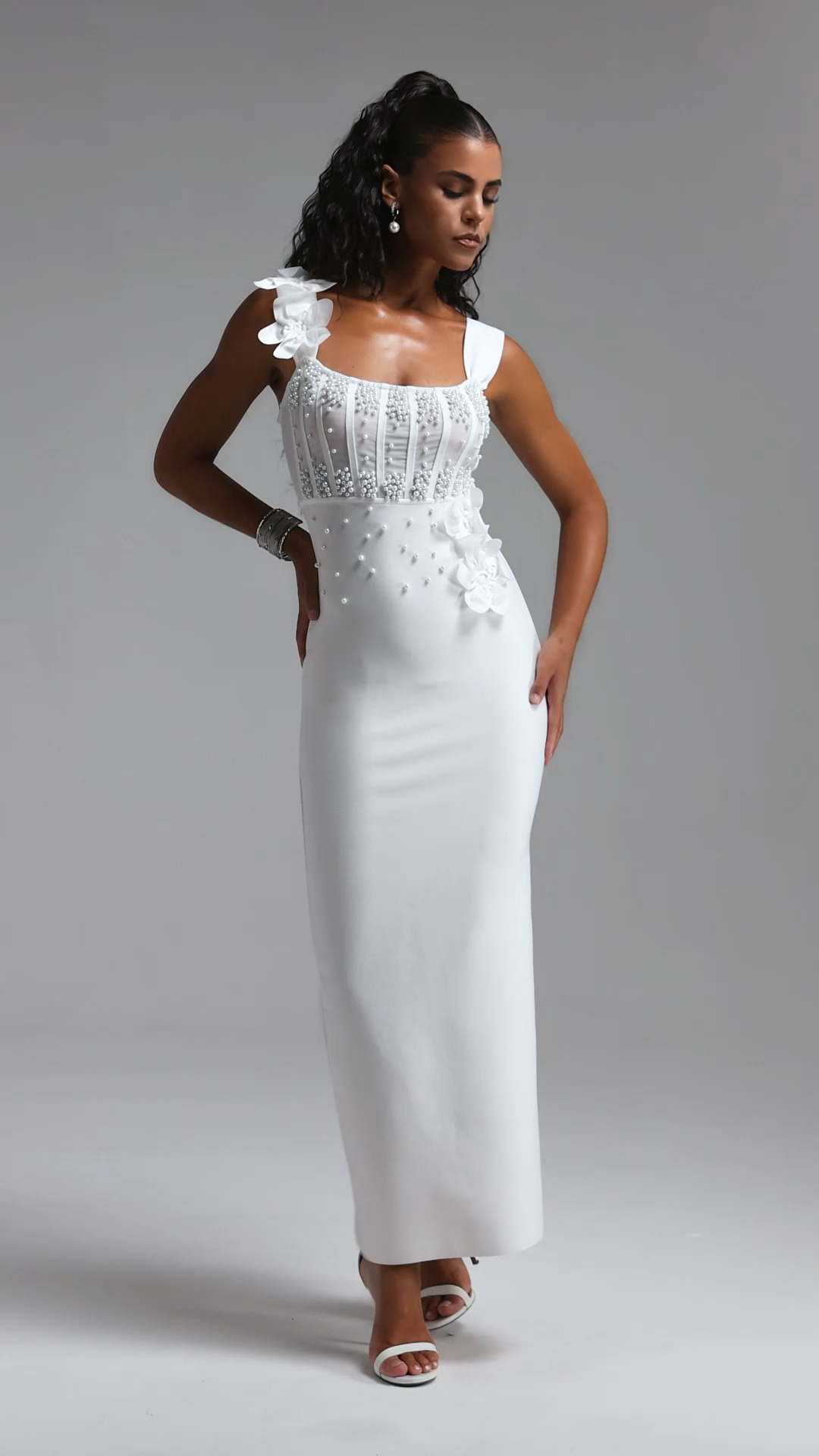 Eudase Spaghetti Strap Mesh Pearl Floral Bandage Maxi Dress