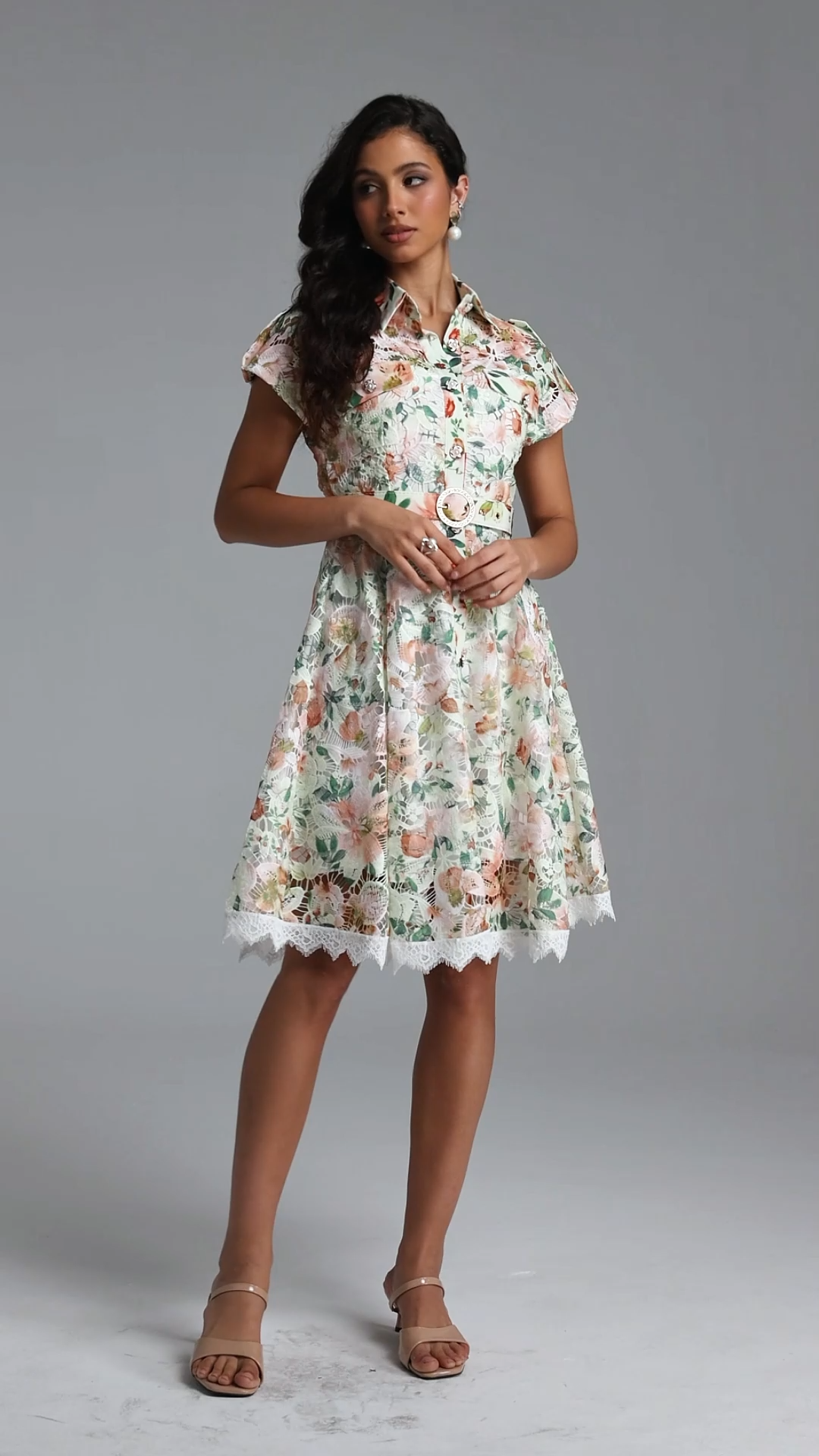 Torill Resort Cinched Short Sleeve Floral Print Lace Mini Dress