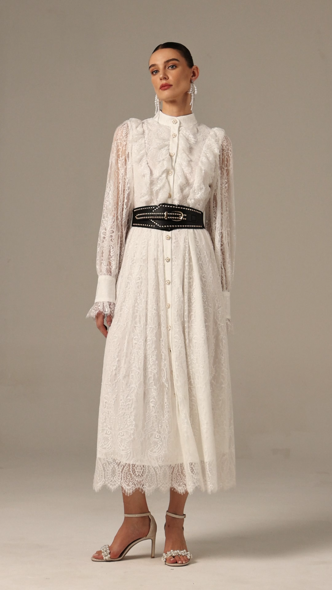 Emilia Long Sleeves Folds Lace Midi Dress