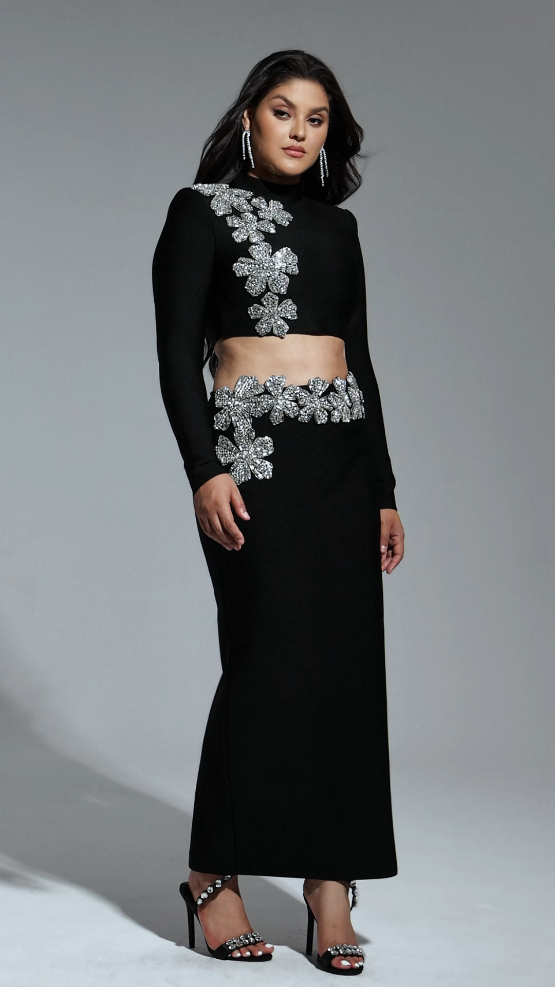 Ulama Choker Long Sleeve Diamond Flowers Bandage Maxi Two-Piece Set