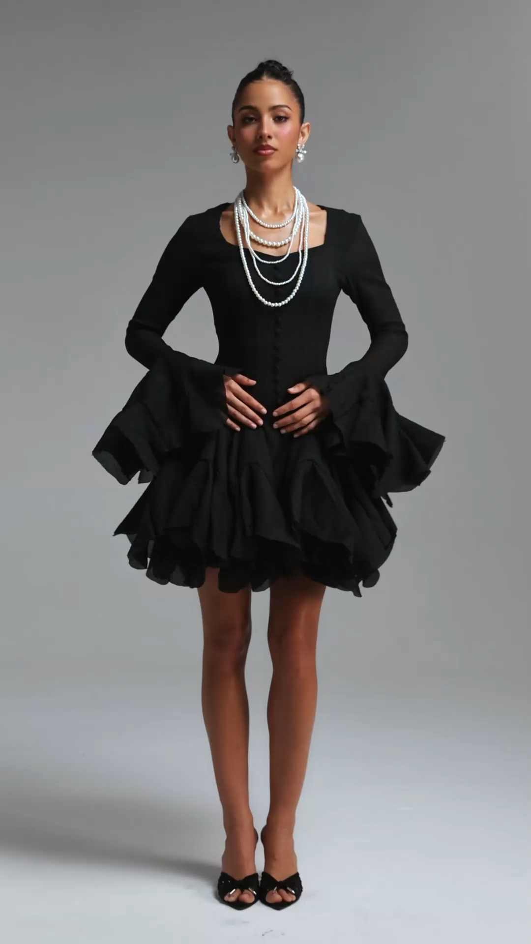 Uhren Vintage Flowy Long Sleeve Ruffle Chiffon Mini Dress