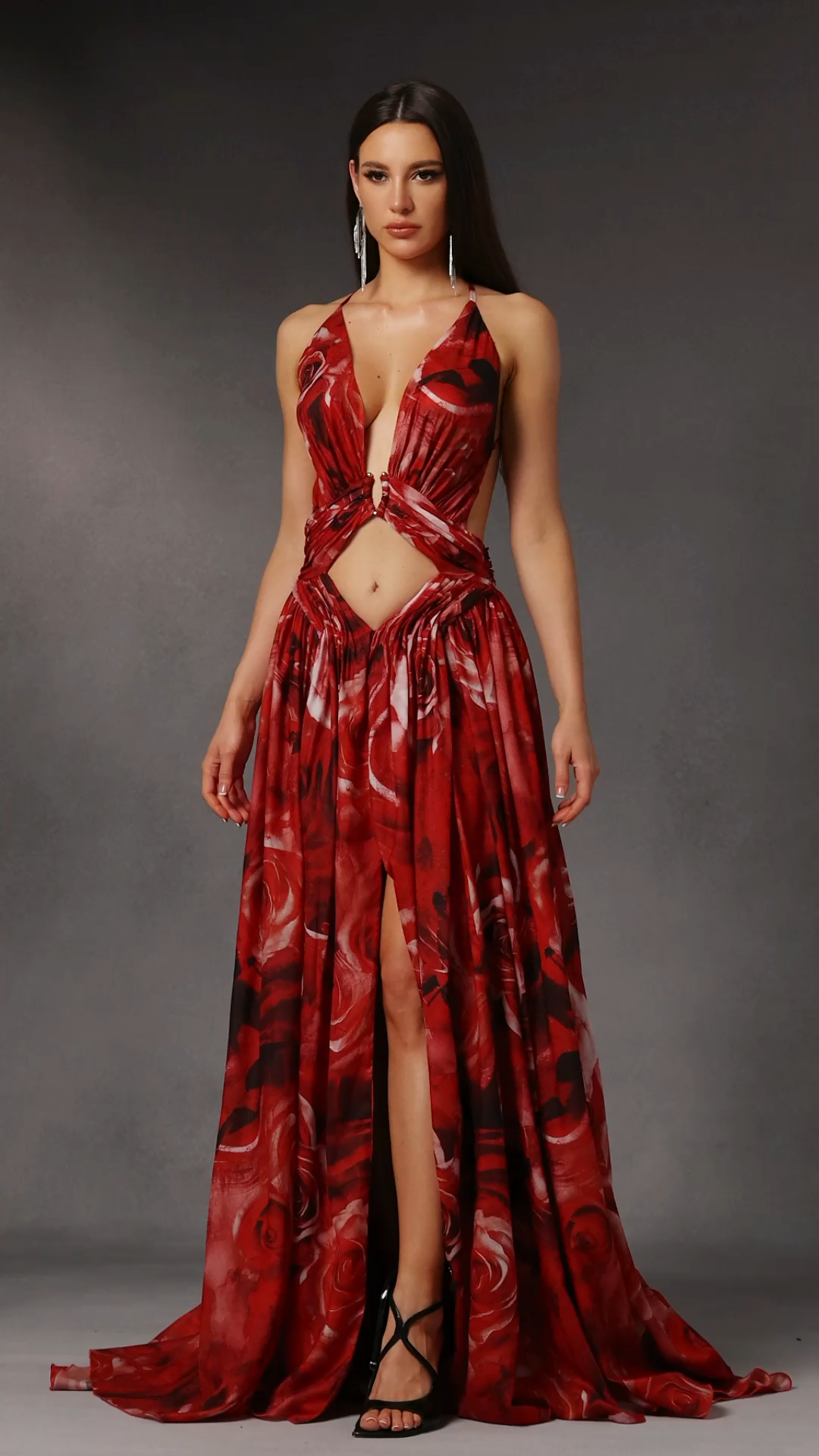 Zem Halter Sleeveless Pearl V-Neck Hollowed Out Print Slit Maxi Dress