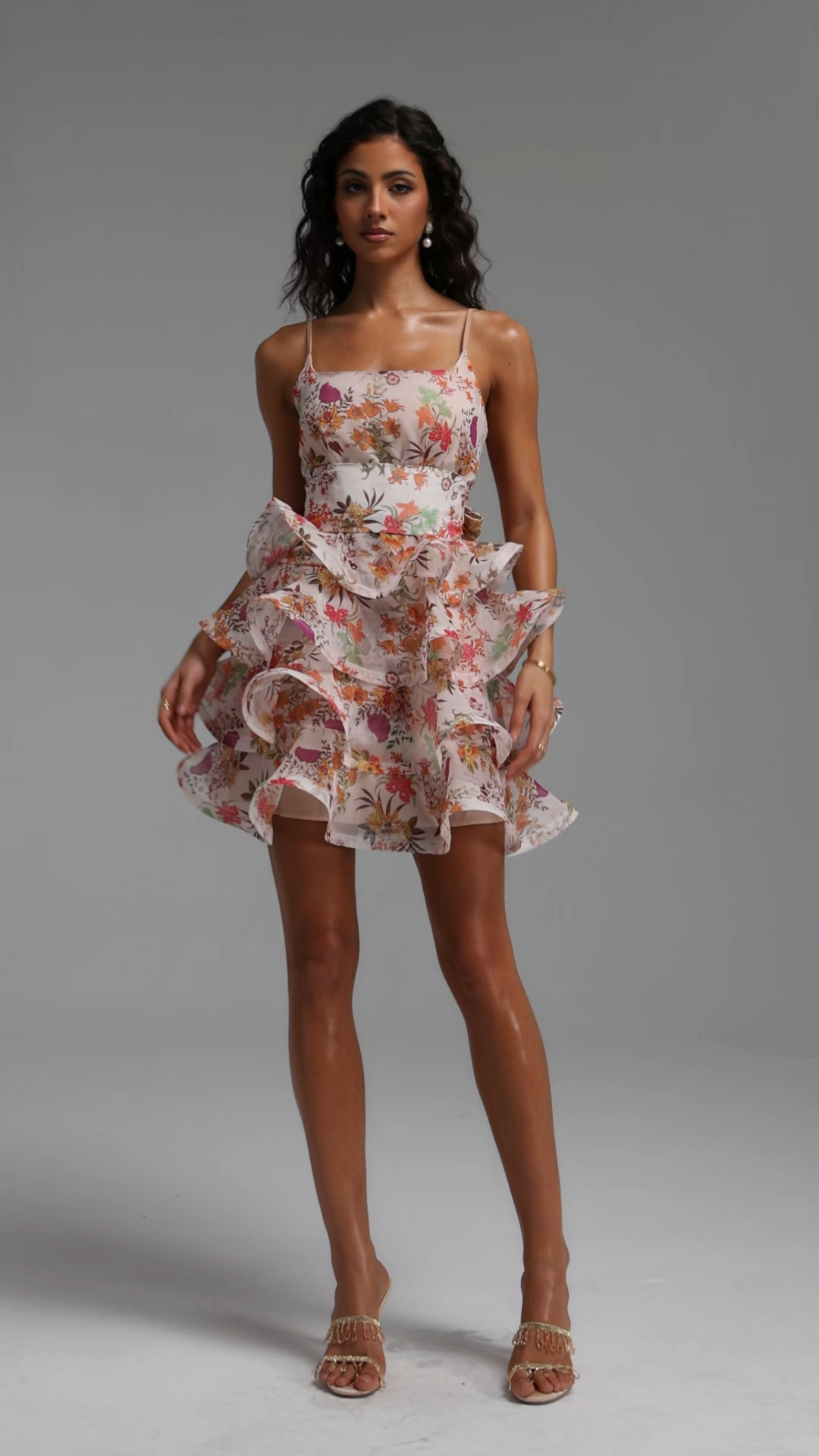 Jacey Resort Tailored Sleeveless Ruffle Floral Print Organza Mini Dress
