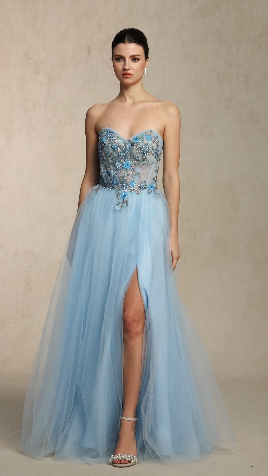 Geraldine Chic Strapless Floral Applique Side Slit Blue Tulle Maxi Dress