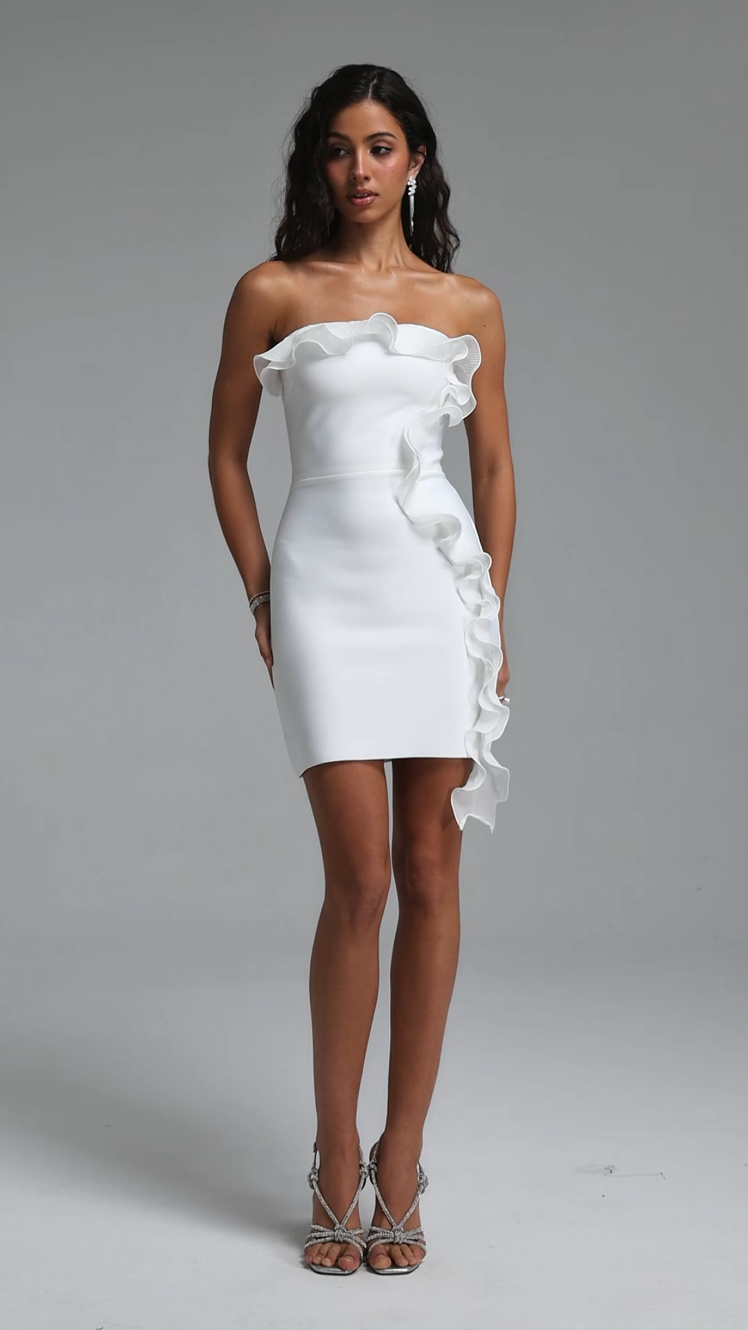Spola Elegant Slim Strapless Ruffle Bandage Mini Dress