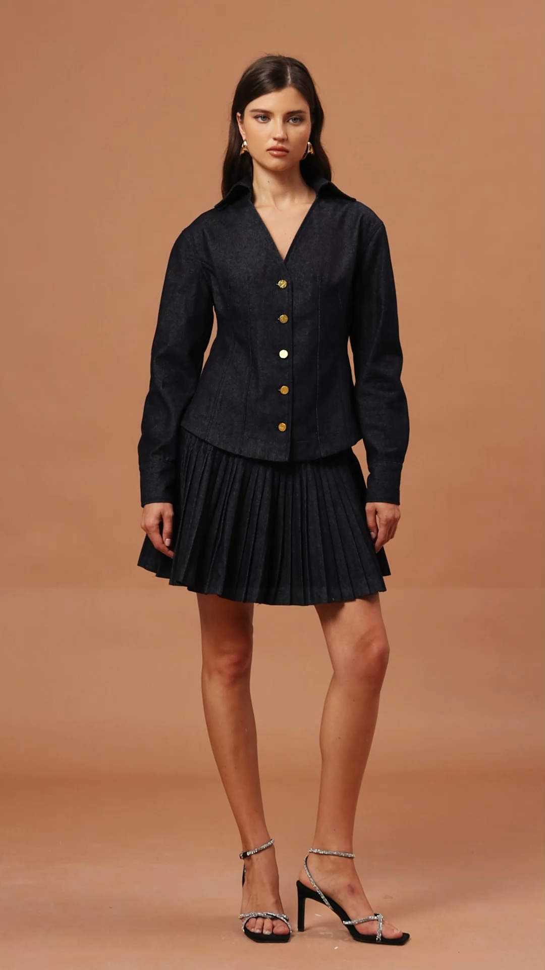 Uomo V-Neck Long Sleeves Denim Folds Top And Skirt Two-Piece