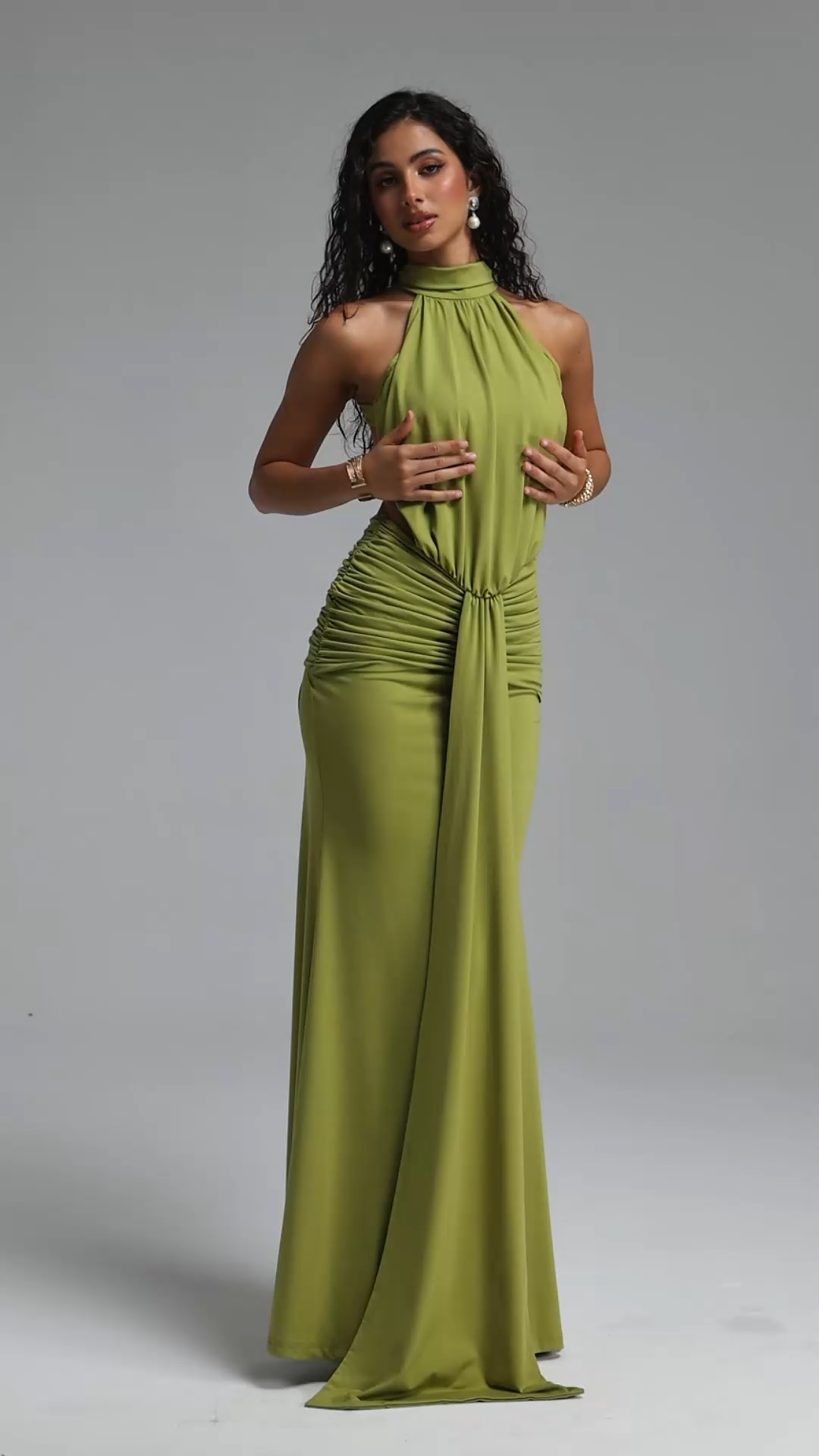 Gregorio Elegant Halter Cut Out Ruched Slim Maxi Dress