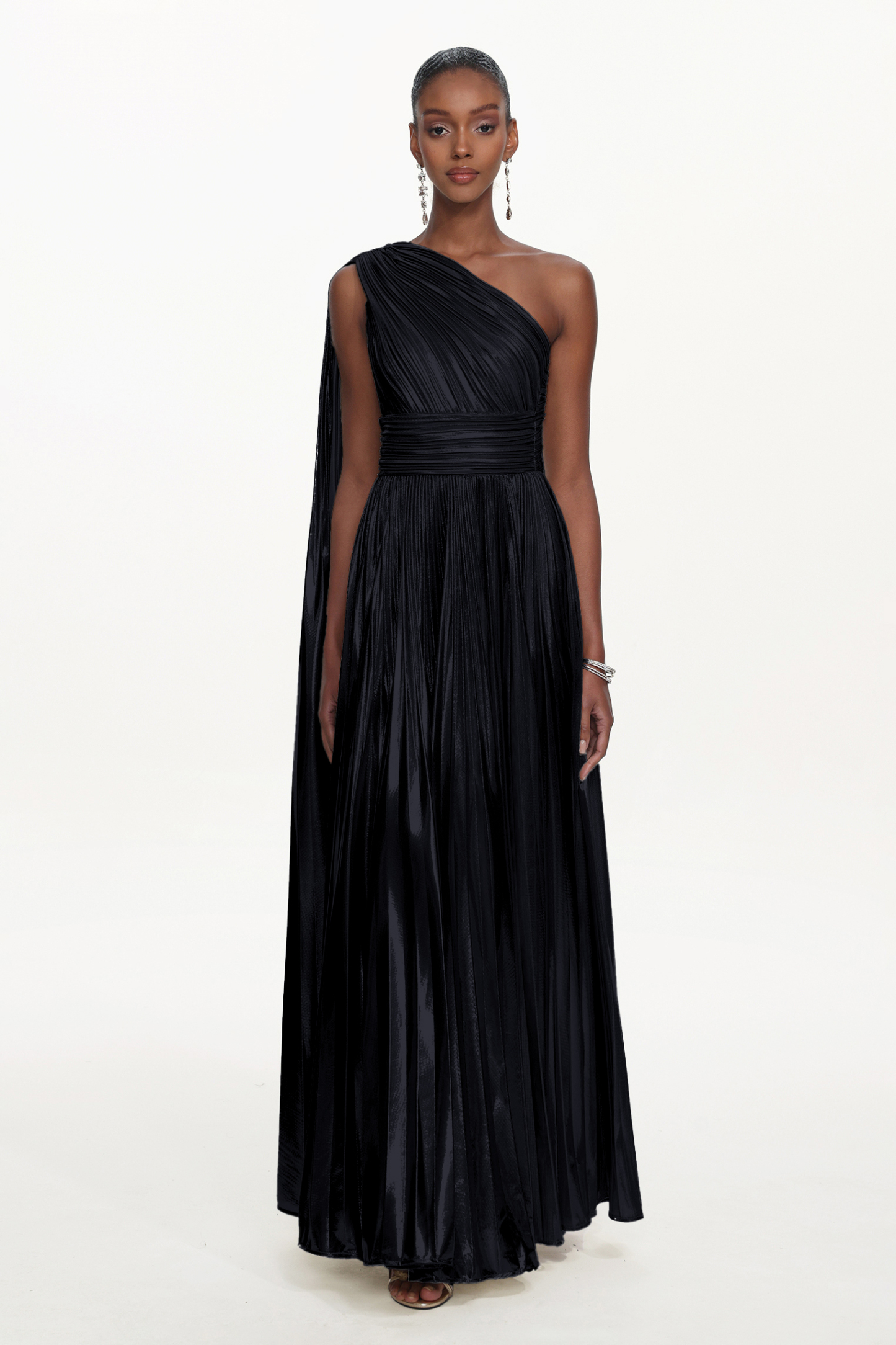 Leyla Glamorous Contour One Shoulder Drape Pleated Metallic Black Maxi Dress