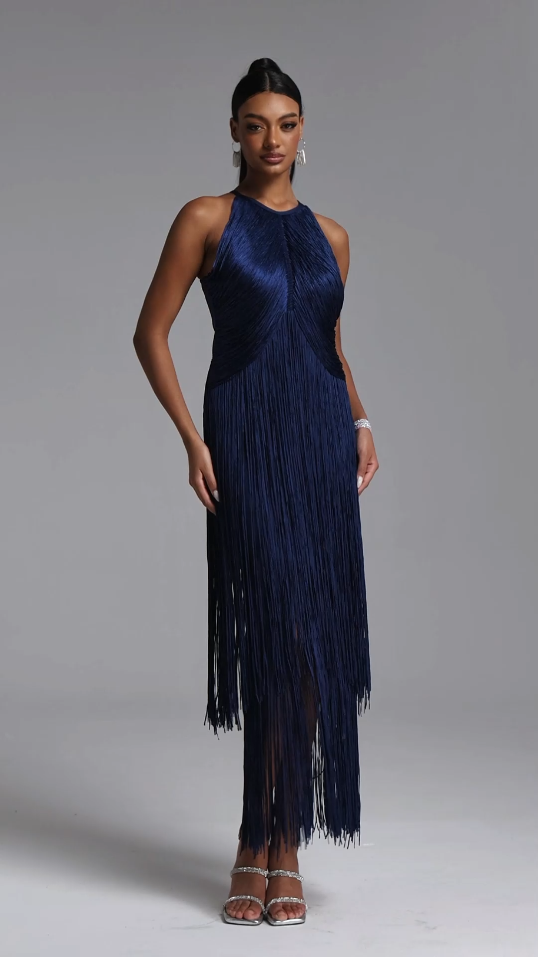 Sahara Chic Contour Halter Fringe Bandage Maxi Dress