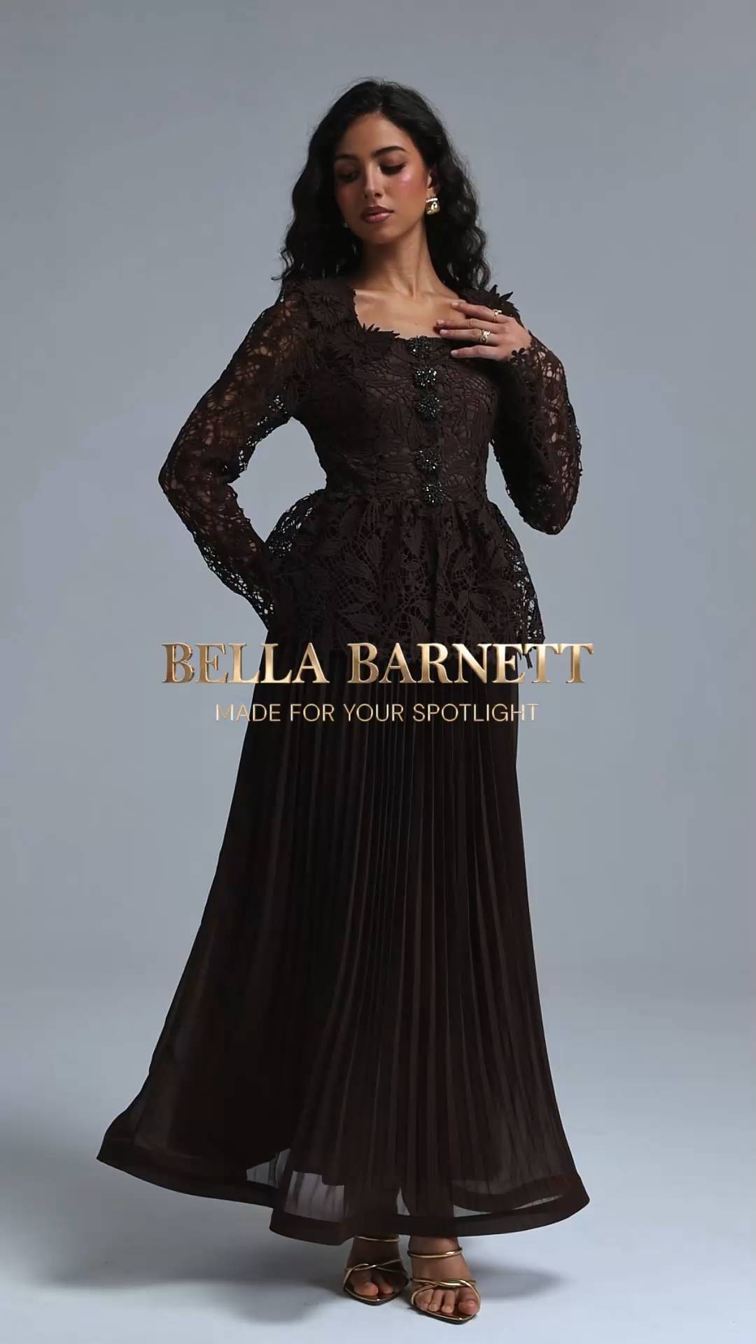 Lucica Romantic Flowy Long Sleeve Floral Lace Brown Top and Skirt Two Piece Set