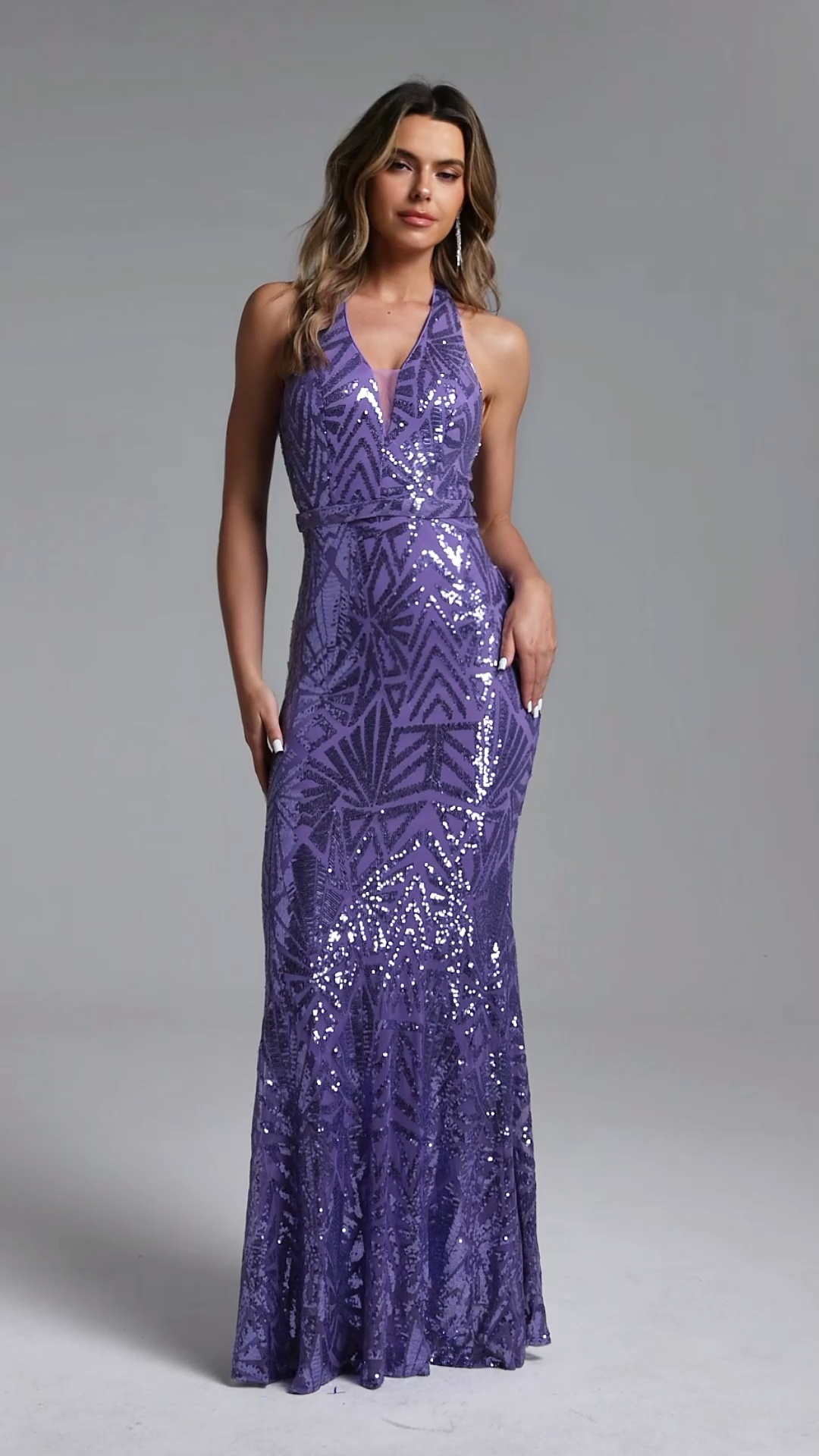 Rode Chic Contour Halter Deep V Sequin Pattern Maxi Dress