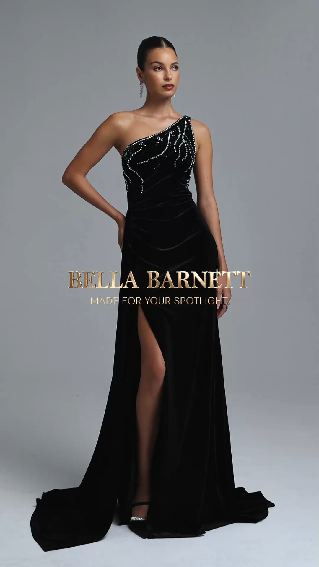 Merrit Elegant Contour Asymmetrical Shoulder Rhinestone Ruched Slit Maxi Dress