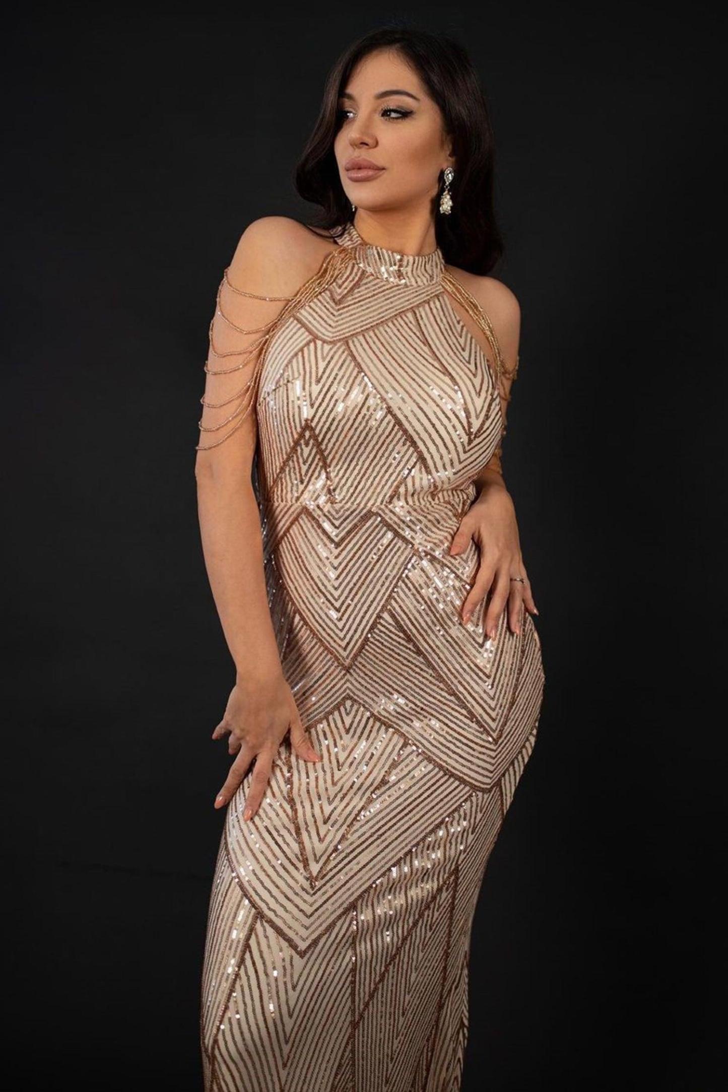 Sequin Halterneck Maxi Mermaid Prom Dress - Champagne