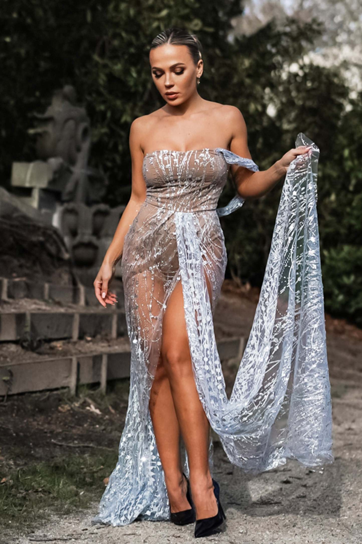 Glitter Sequin Mesh Slit Maxi Dress