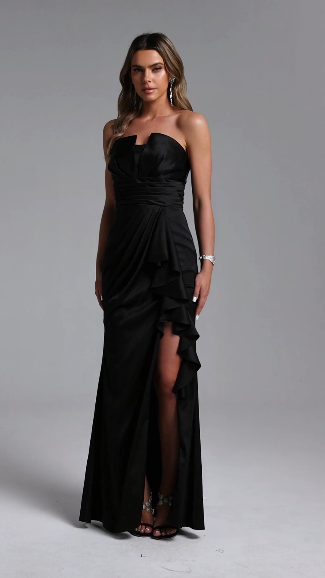 Fifer Elegant Contour Pleated Ruffle High Slit Maxi Dress