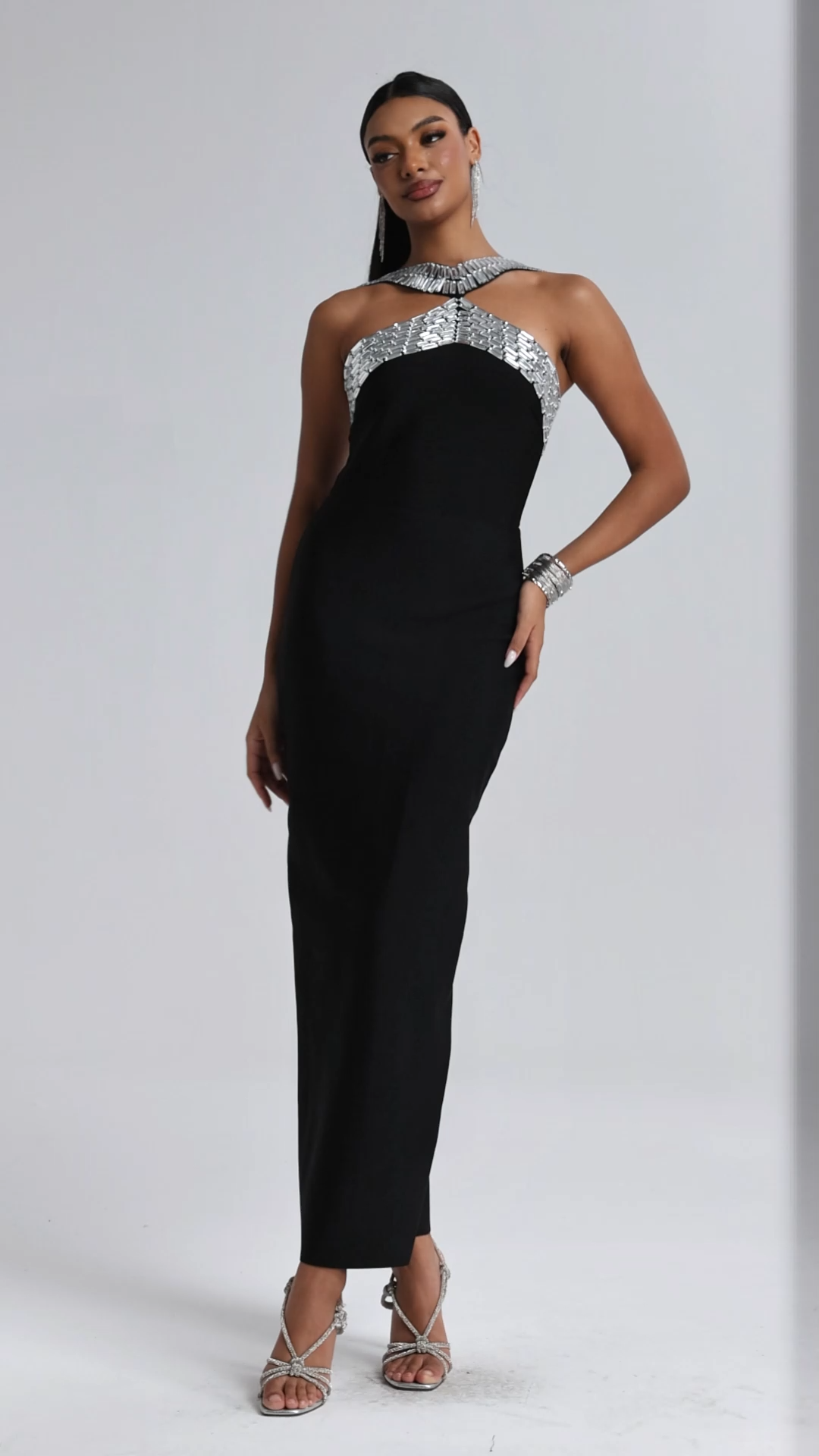 Riza Chic Contour Halter Rhinestone Bandage Maxi Dress