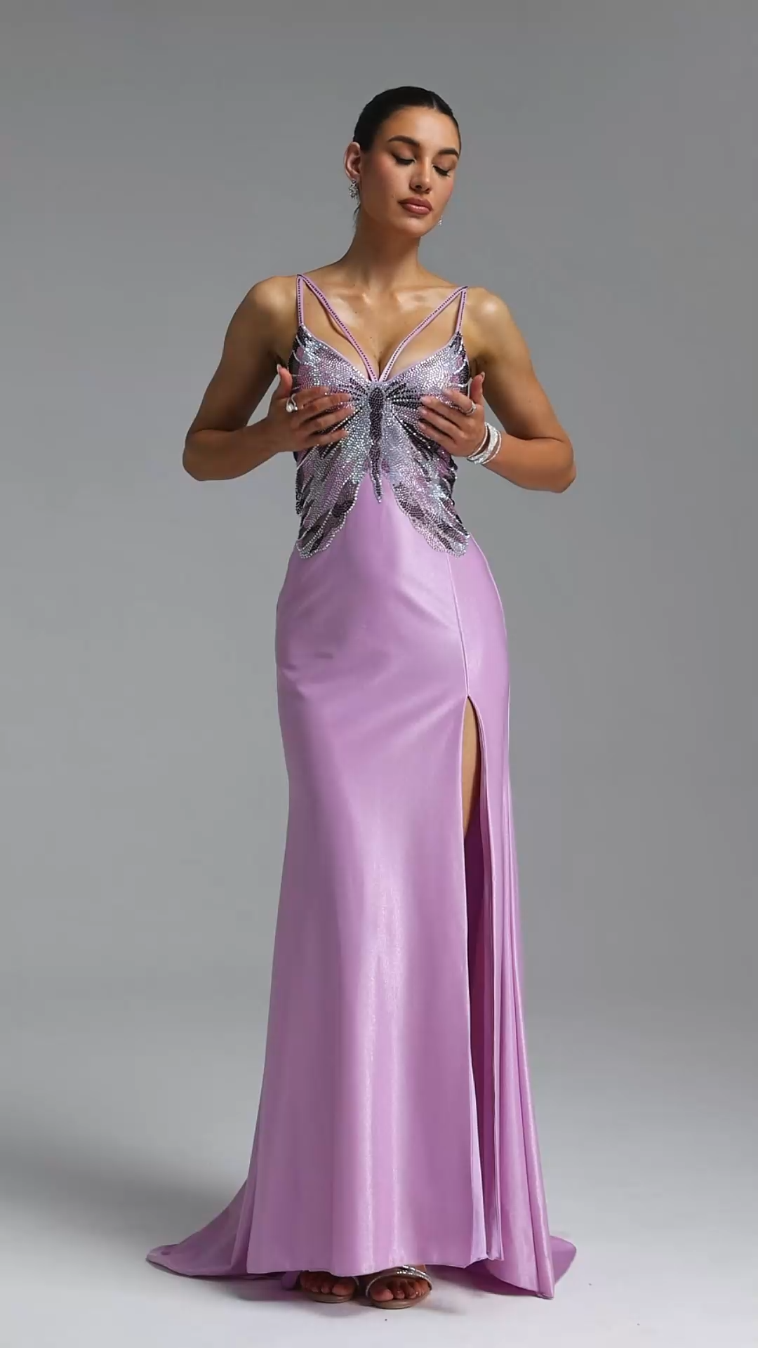 Sagona Romantic Slim Crystal Butterfly Maxi Evening Dress