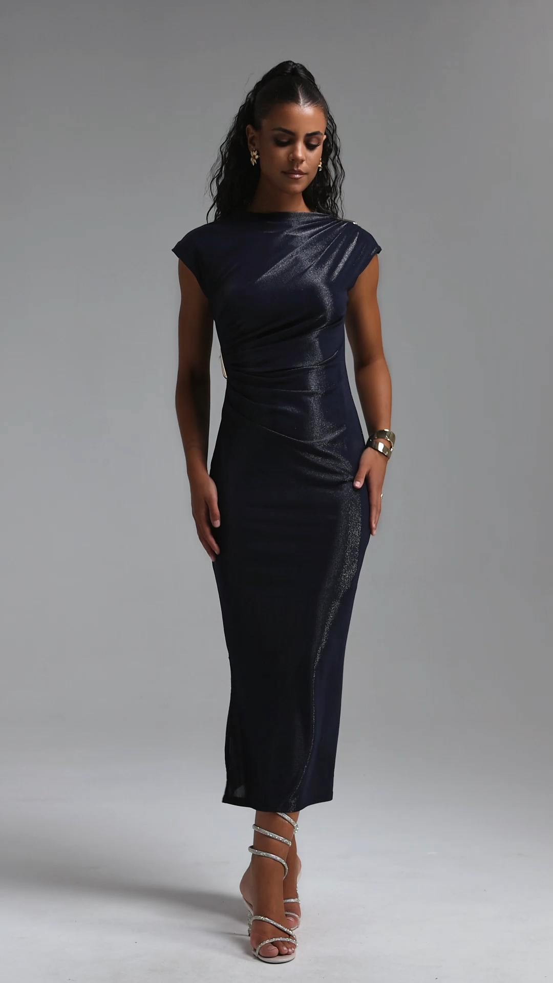 Denali Chic Contour Glitter Pleated Metal Decor DarkBlue Maxi Dress