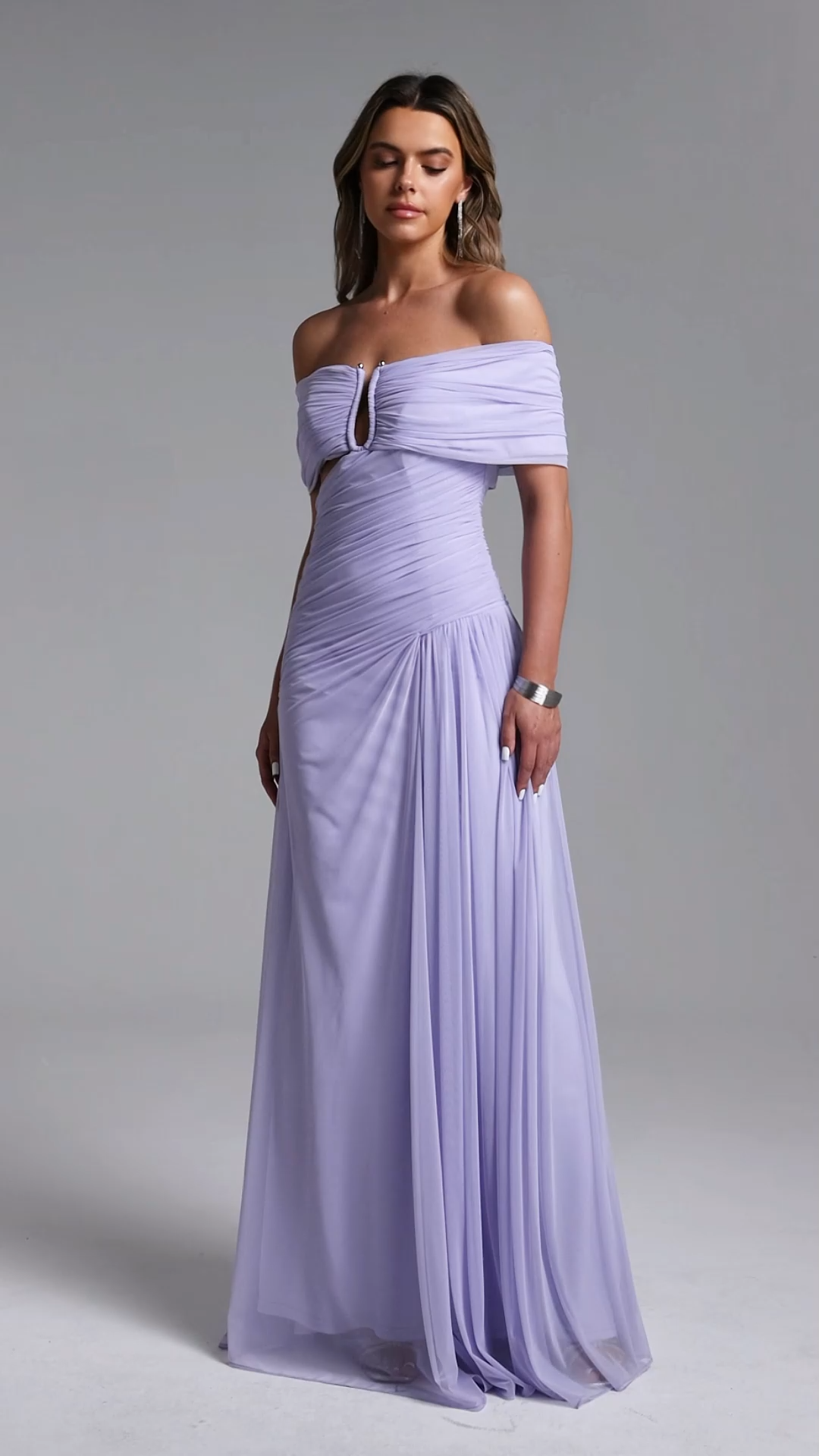 Vikare Romantic Contour Off Shoulder Deep V Cut Out Pleated Mesh Maxi Dress