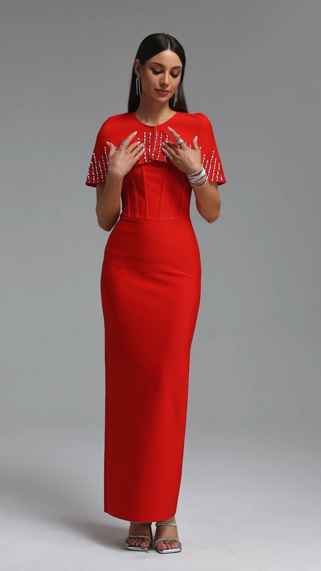 Frances Elegant Contour Rhinestone Shawl Strapless Red Bandage Maxi Dress Set