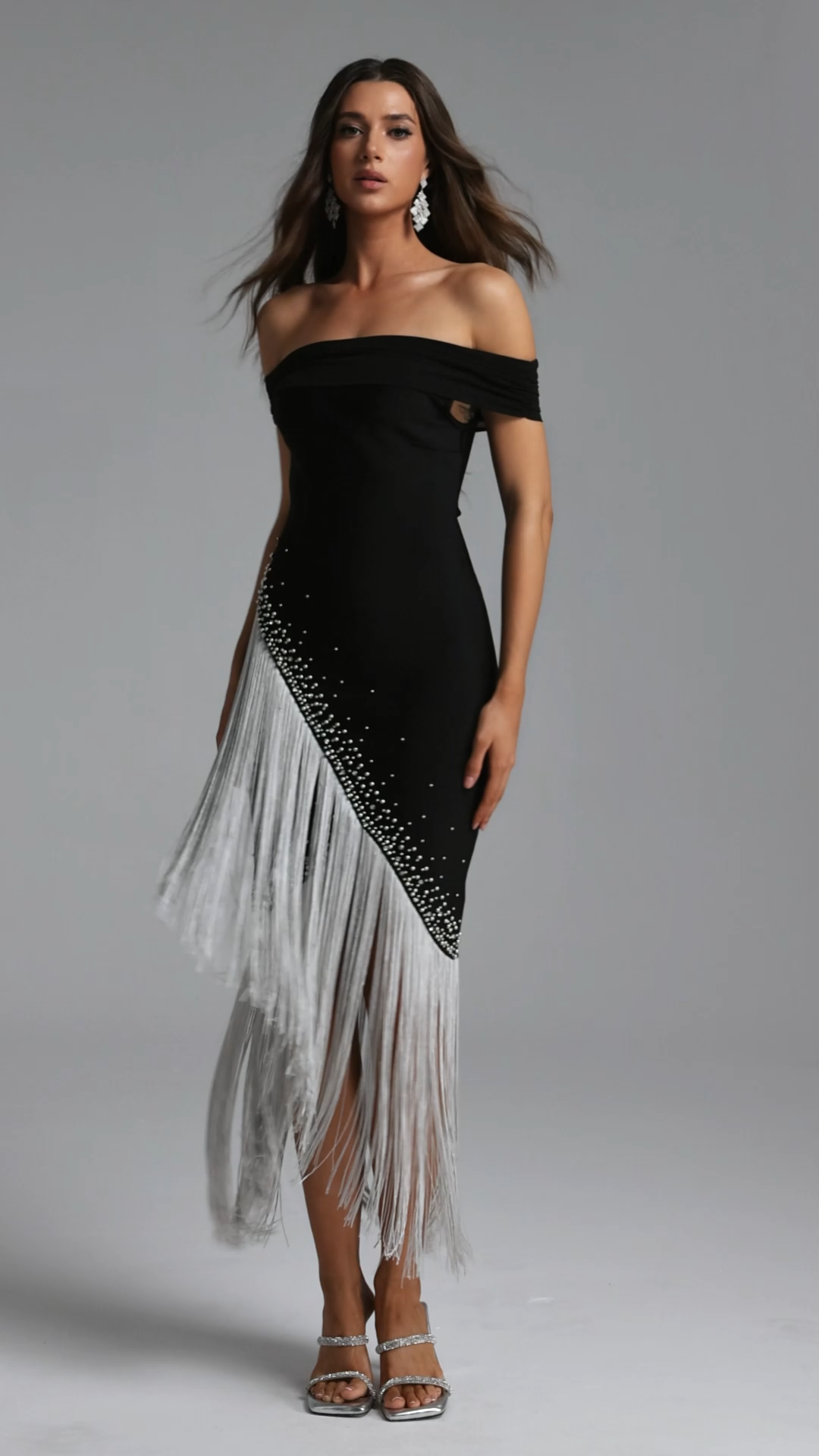 Tata Chic Contour Off Shoulder Fringe Bandage Maxi Dress