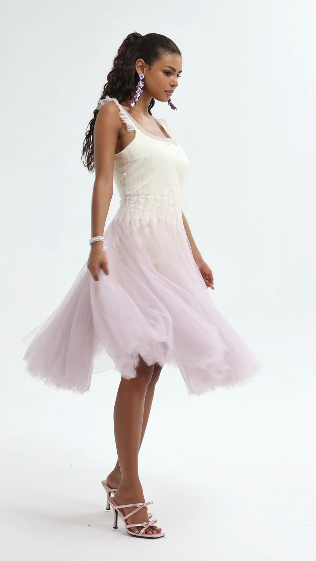 Gevjon Romantic Flowy Sleeveless Ruffle Tulle Midi Dress