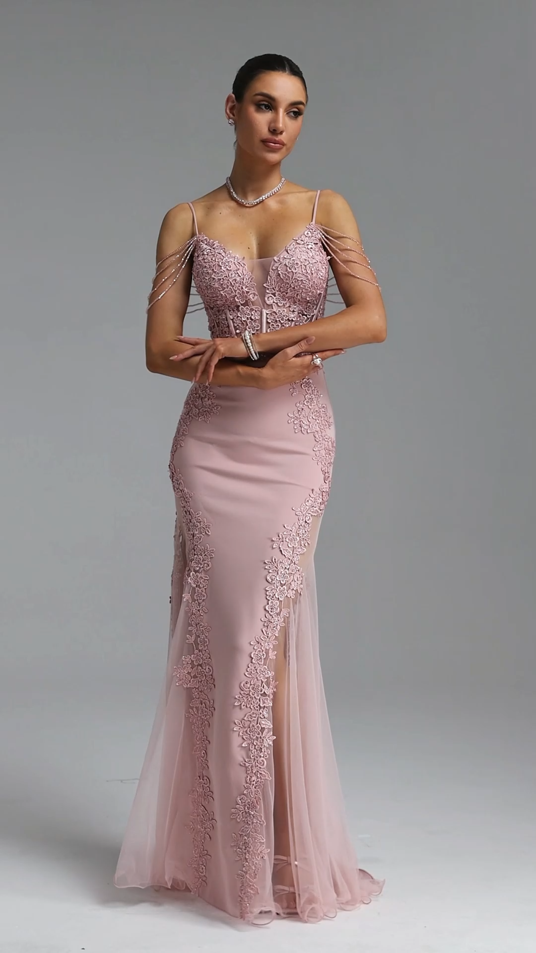 Encho Elegant Waist-Cinching Thin Strap V-Neck Off-Shoulder Tassel Lace Floral Mesh Bodycon Mermaid Maxi Evening Dress