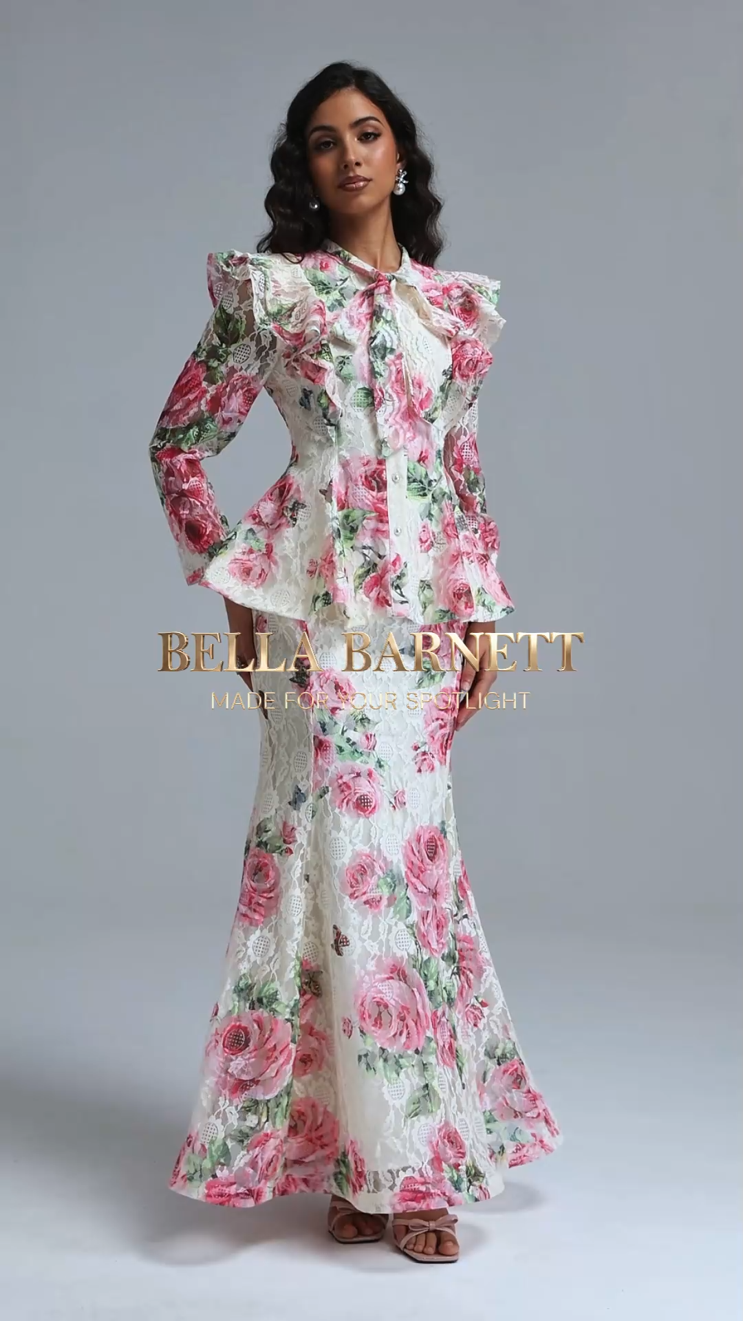 Marris Vintage Tailored Long Sleeve Floral Print Lace Top and Skirt Two Piece Set