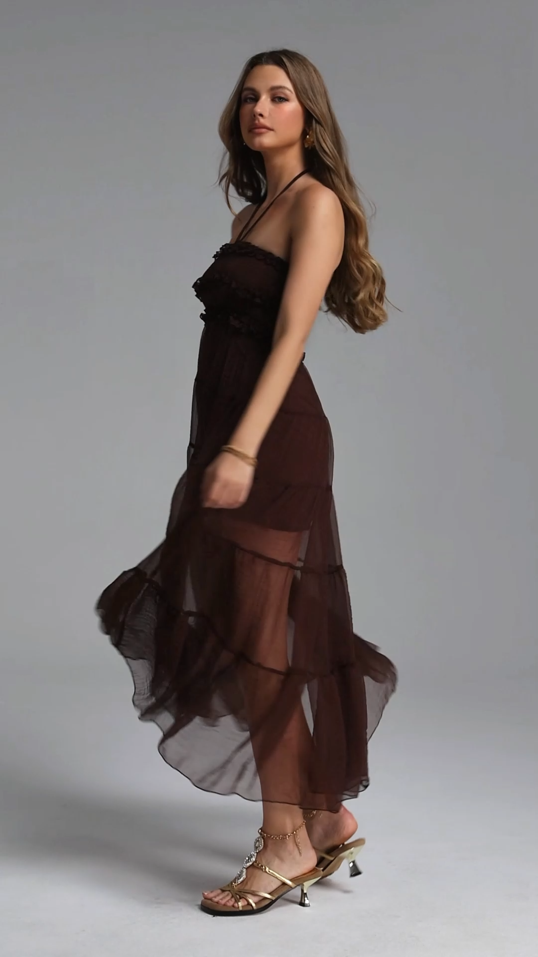 Nadine Resort Flowy Sleeveless Ruffle Ruched Mesh Maxi Dress