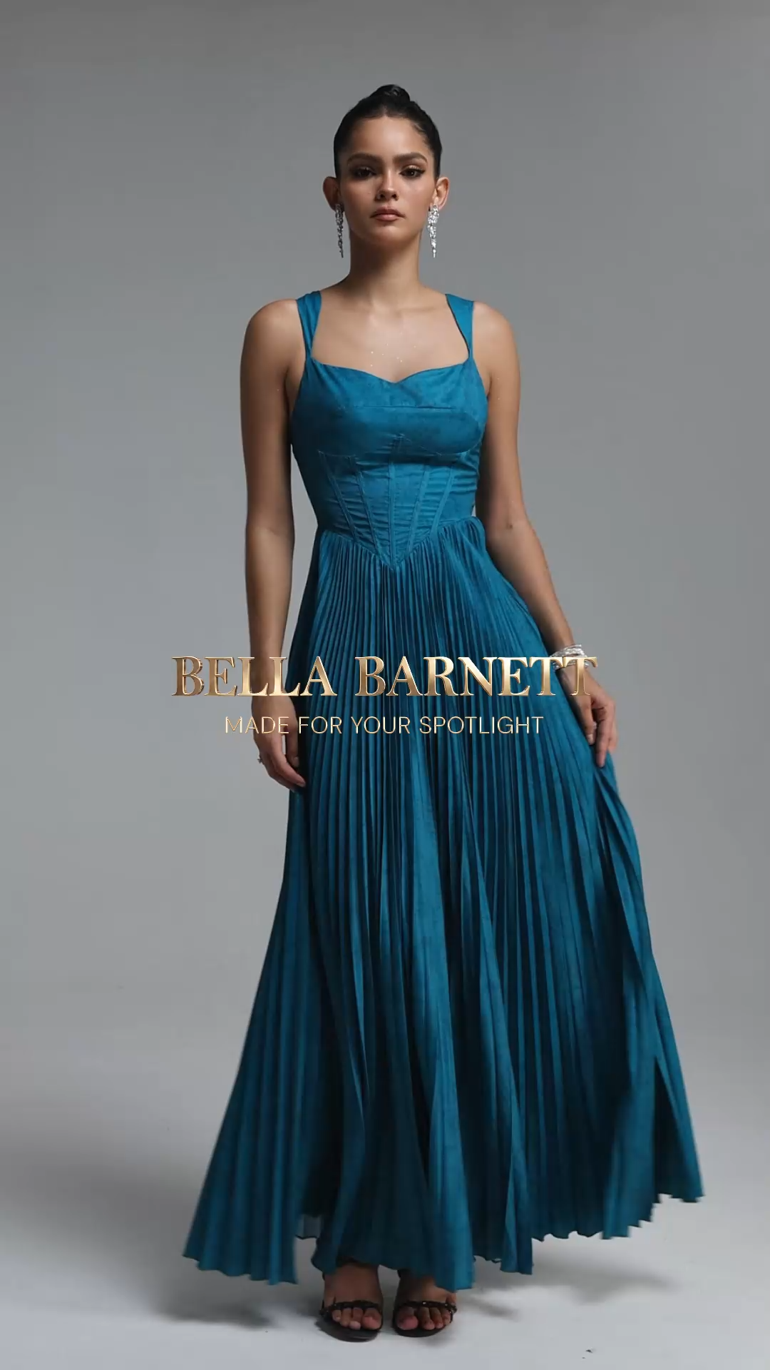 Mitra Elegant Flowy Wide Strap Heart Neck Pleated Blue Maxi Dress