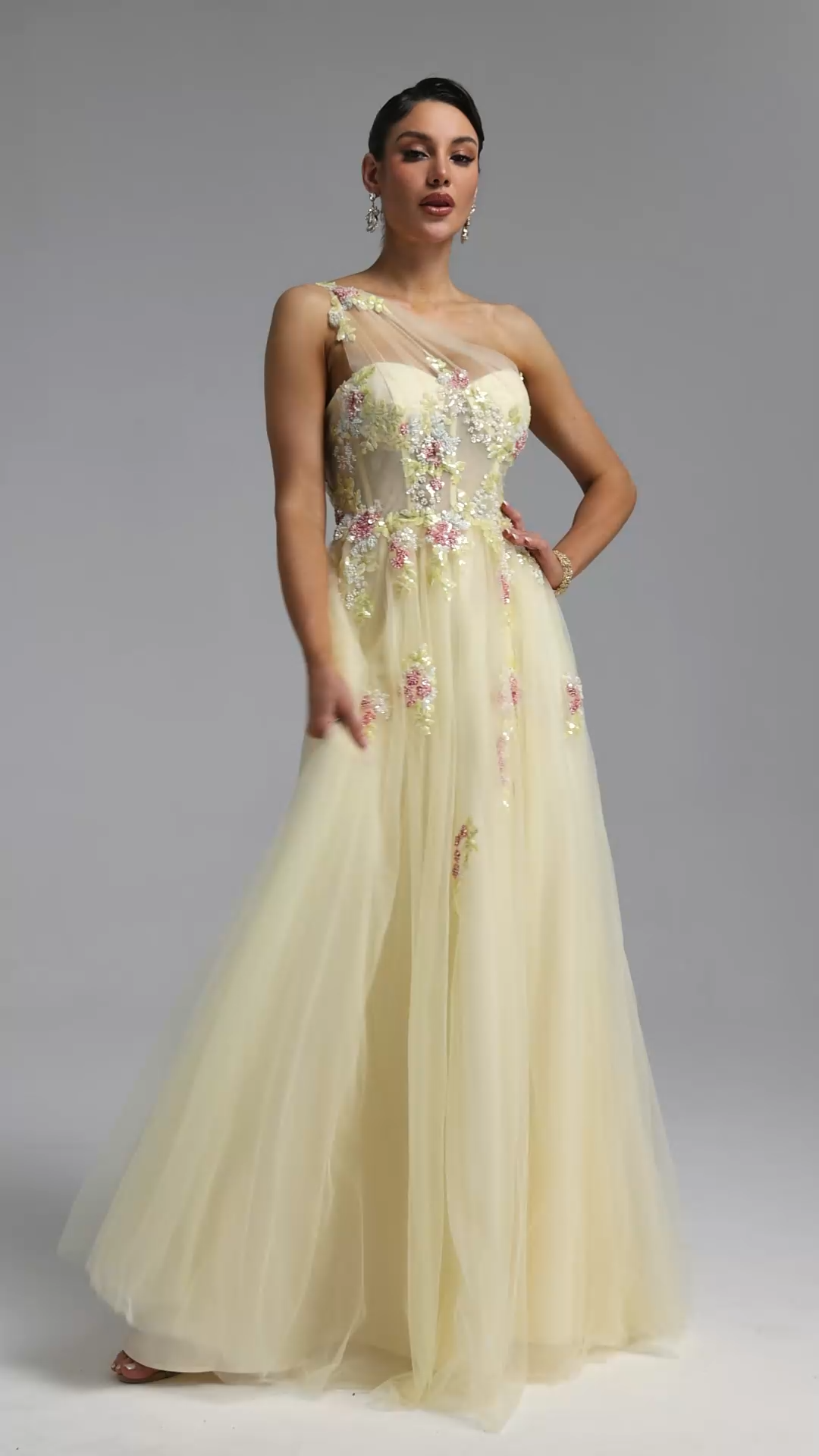 Florelle Romantic One Shoulder Floral Embroidery Slit Maxi Dress