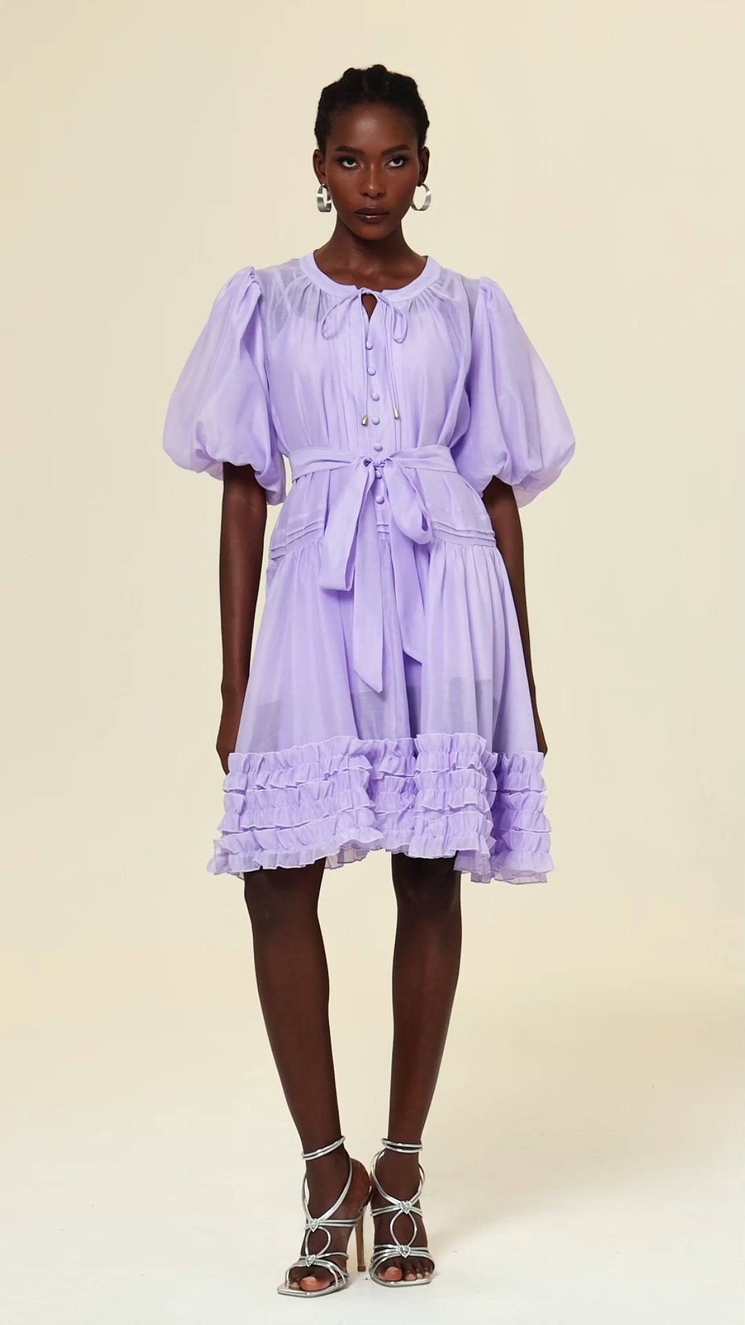 Xapana Round Neck Puff Sleeve Folds Mini Dress