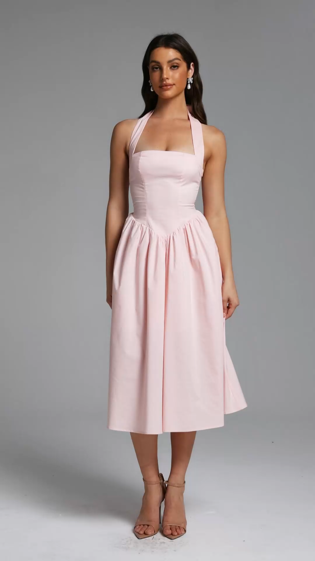 Rosie Romantic Tailored Halter Pleated A Line Maxi Dress