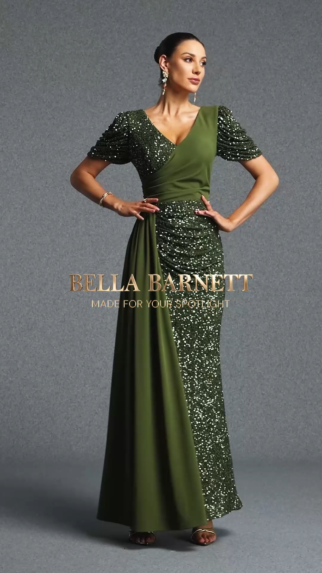 Koper Elegant Contour V Neck Short Sleeve Sequin Ruched Maxi Dress