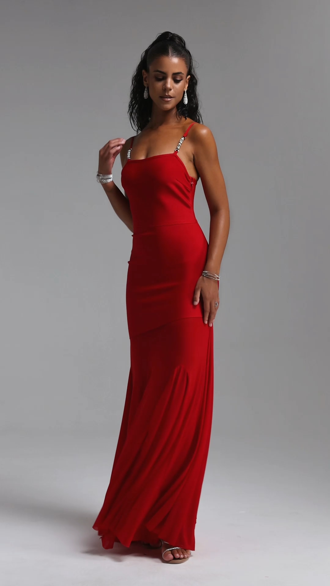 Roie Spaghetti Strap Pleated Mesh Bandage Maxi Dress