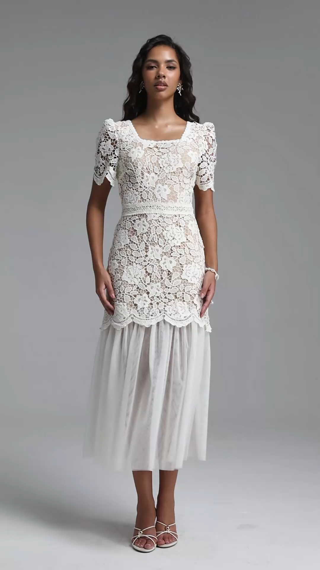 Zilpah Elegant Flowy Short Sleeve Floral Lace Tulle Maxi Dress