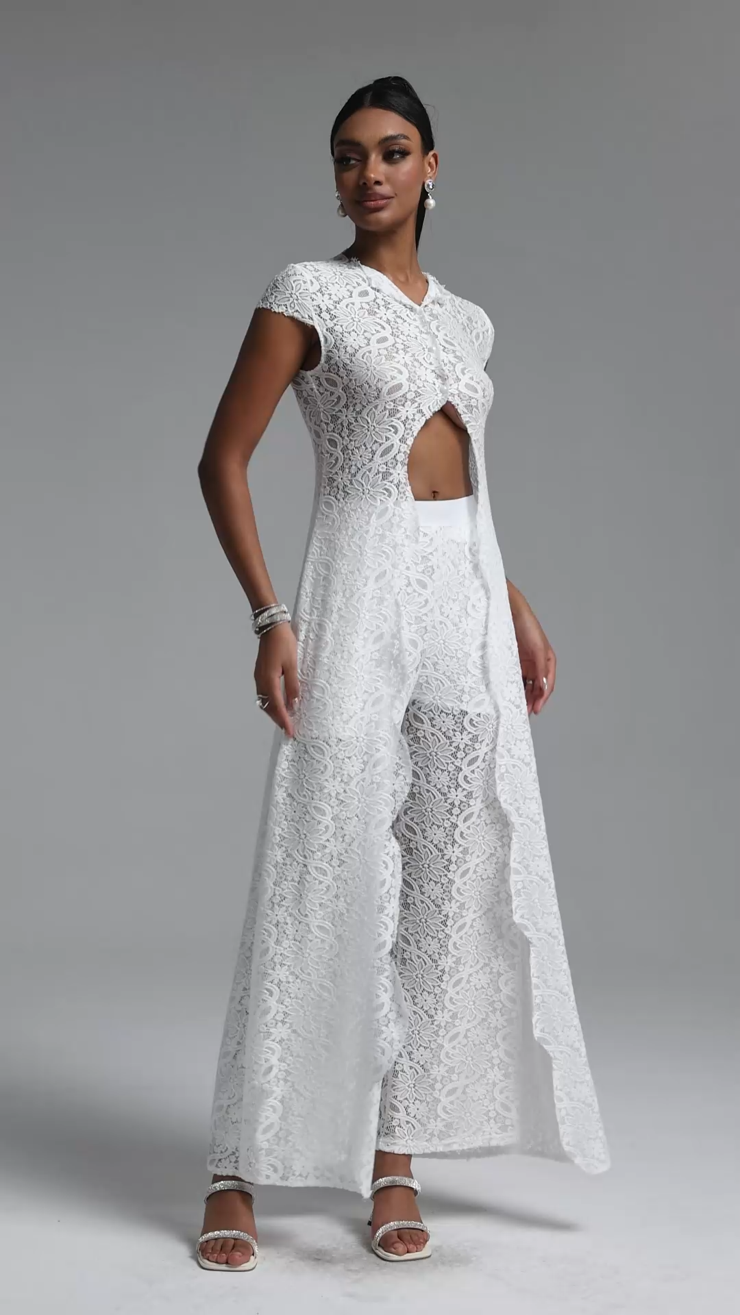 Vikare Elegant Lace Short Sleeve Slit Top And Wide Leg Pants Two-piece Set