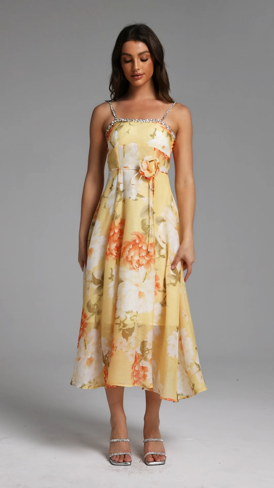Nevaeh Romantic Tailored Rhinestone Floral Print Yellow Maxi Dress