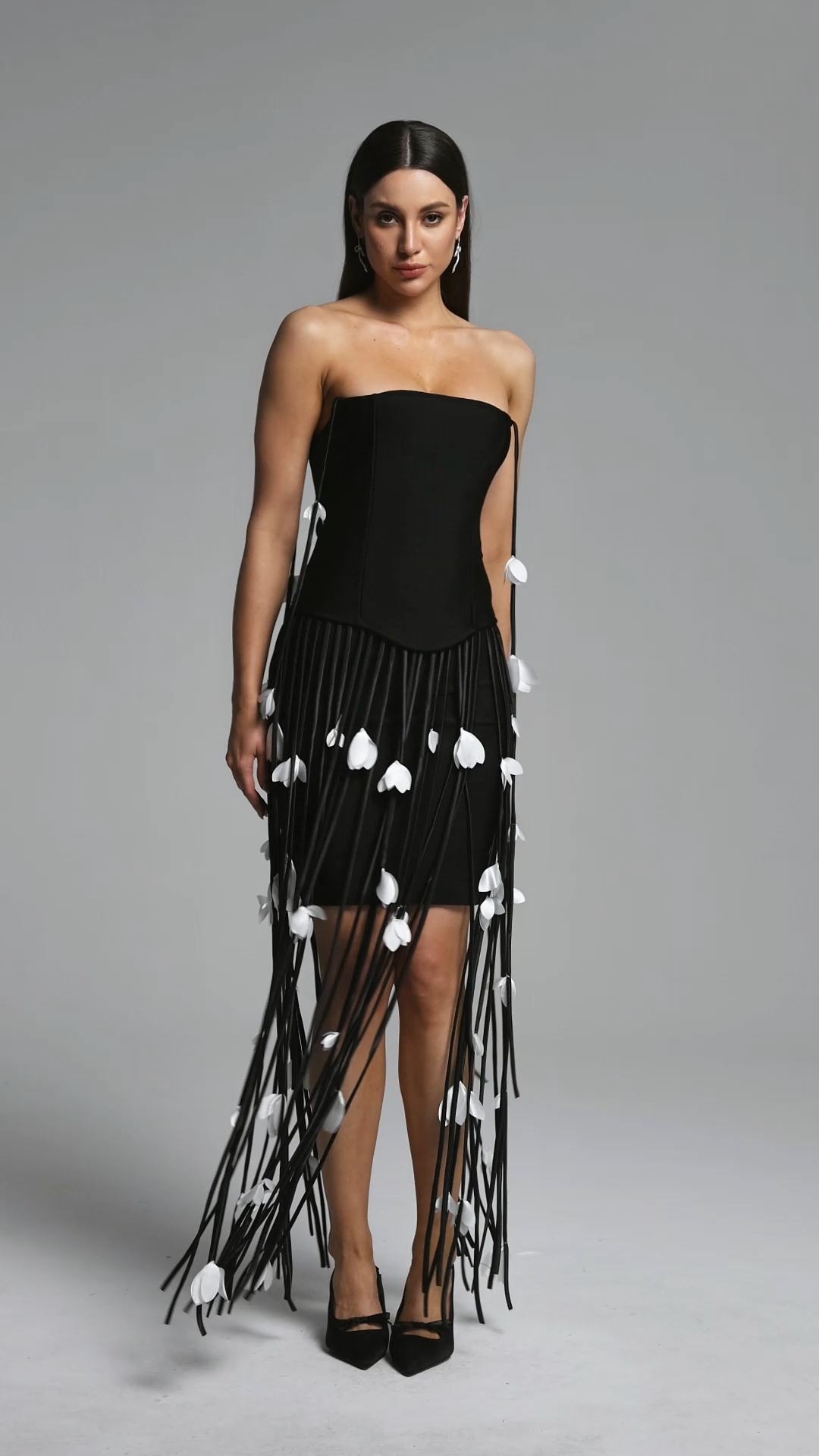 Mikin Chic Contour Strapless Leaf Fringe Bandage Mini Dress