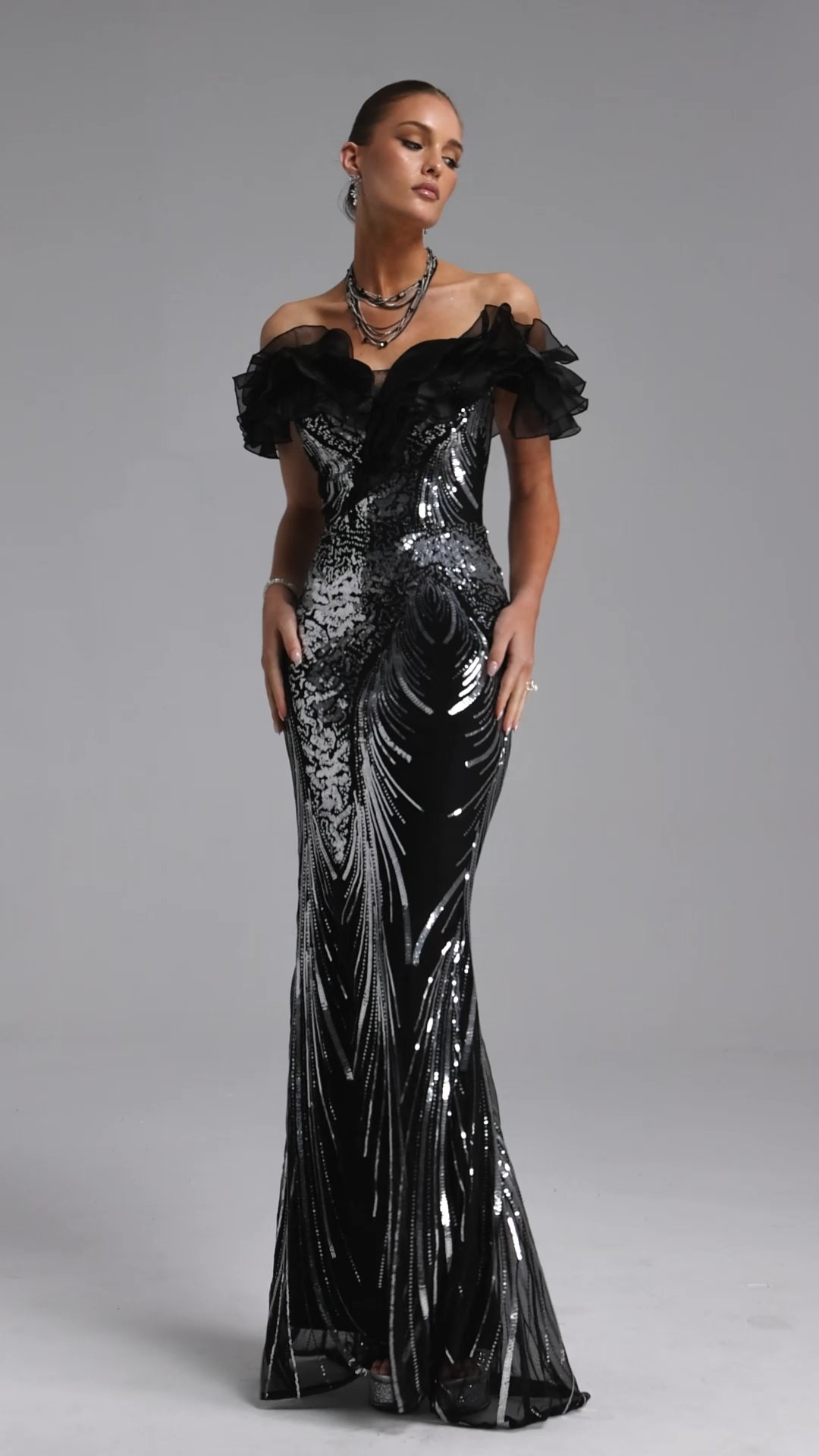 Cindy Glamorous Contour Off Shoulder Ruffled Neckline Sequin Maxi Dress